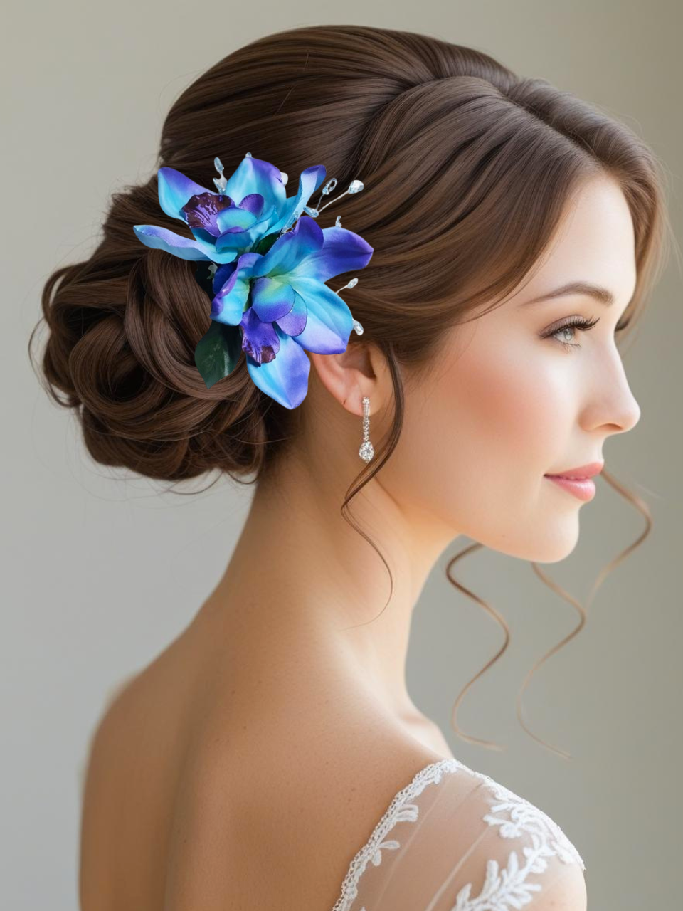 bride wearing doulbe silk blue orchid bridal hair comb