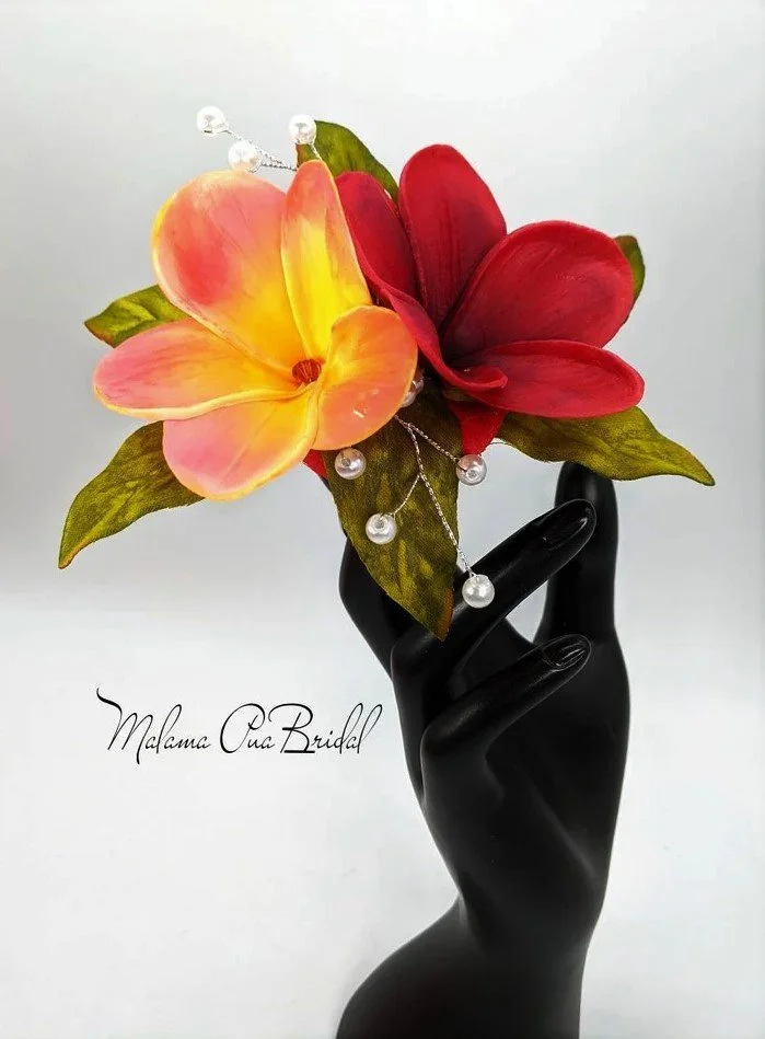 sunset and red plumeria Hair Accessory with pearl spray