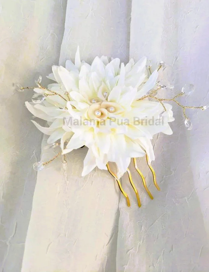 white dahlia hair piece with crystals and pearls