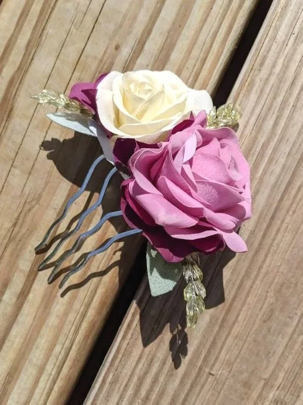 white and lavender rose bridal headpiece