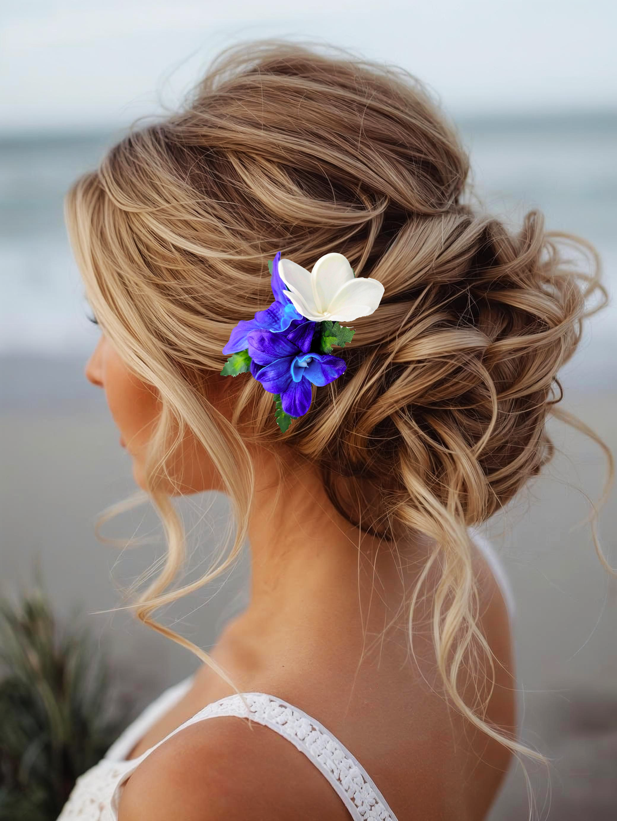 galaxy orchid with pearl and plumeria bridal hair flower comb