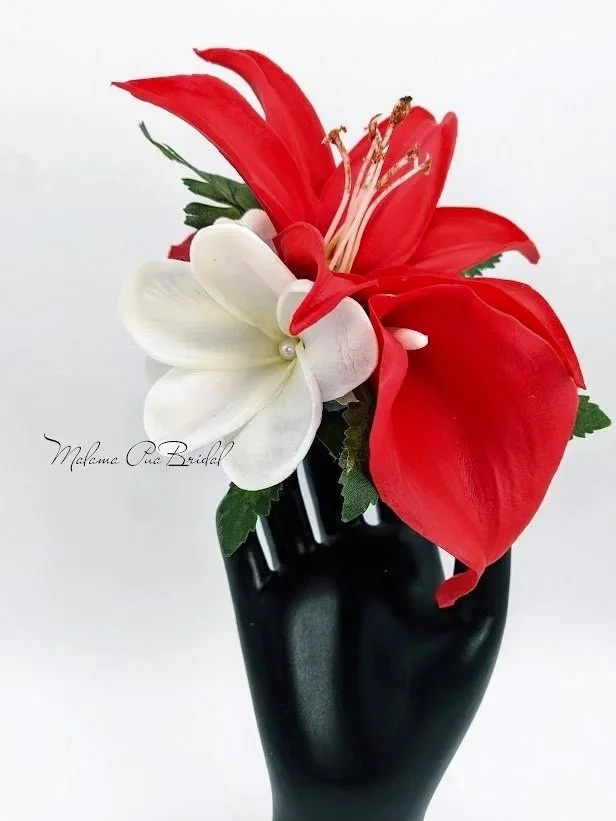 silk red calla lily and plumeria wedding headpiece