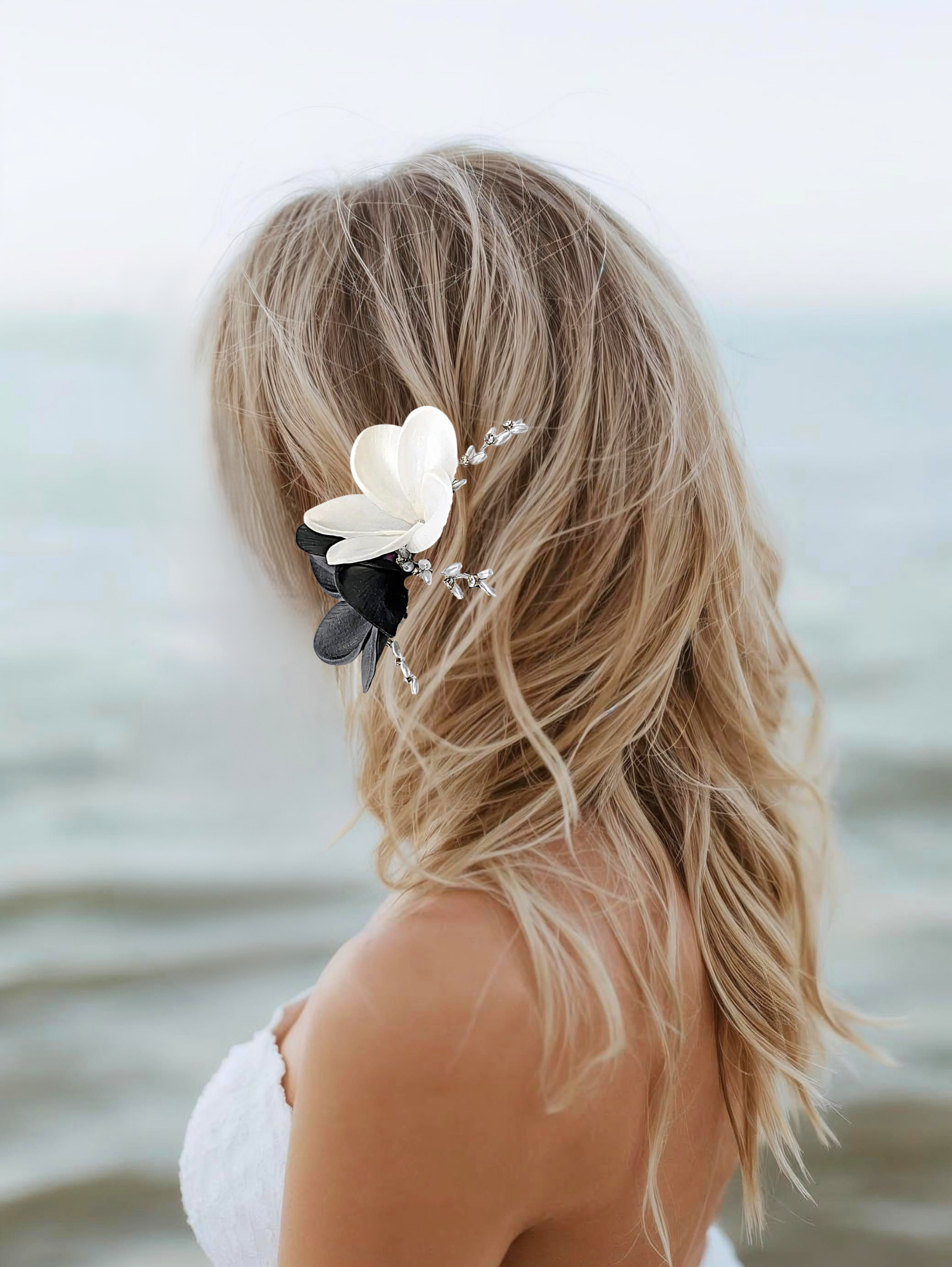 Black White plumeria tropical hair comb