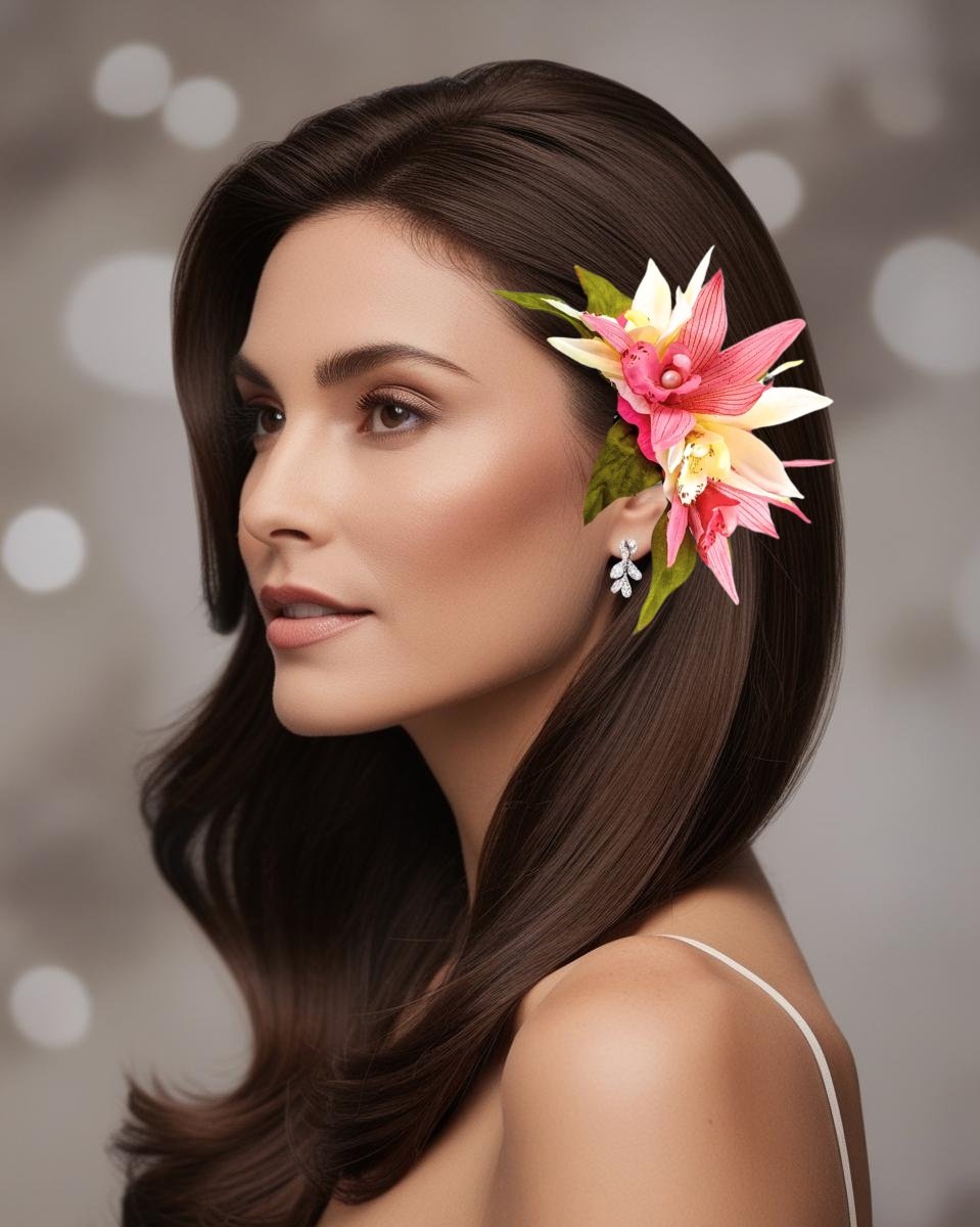 Beautiful woman wearing tropical silk orchid wedding headpiece with pearl centers
