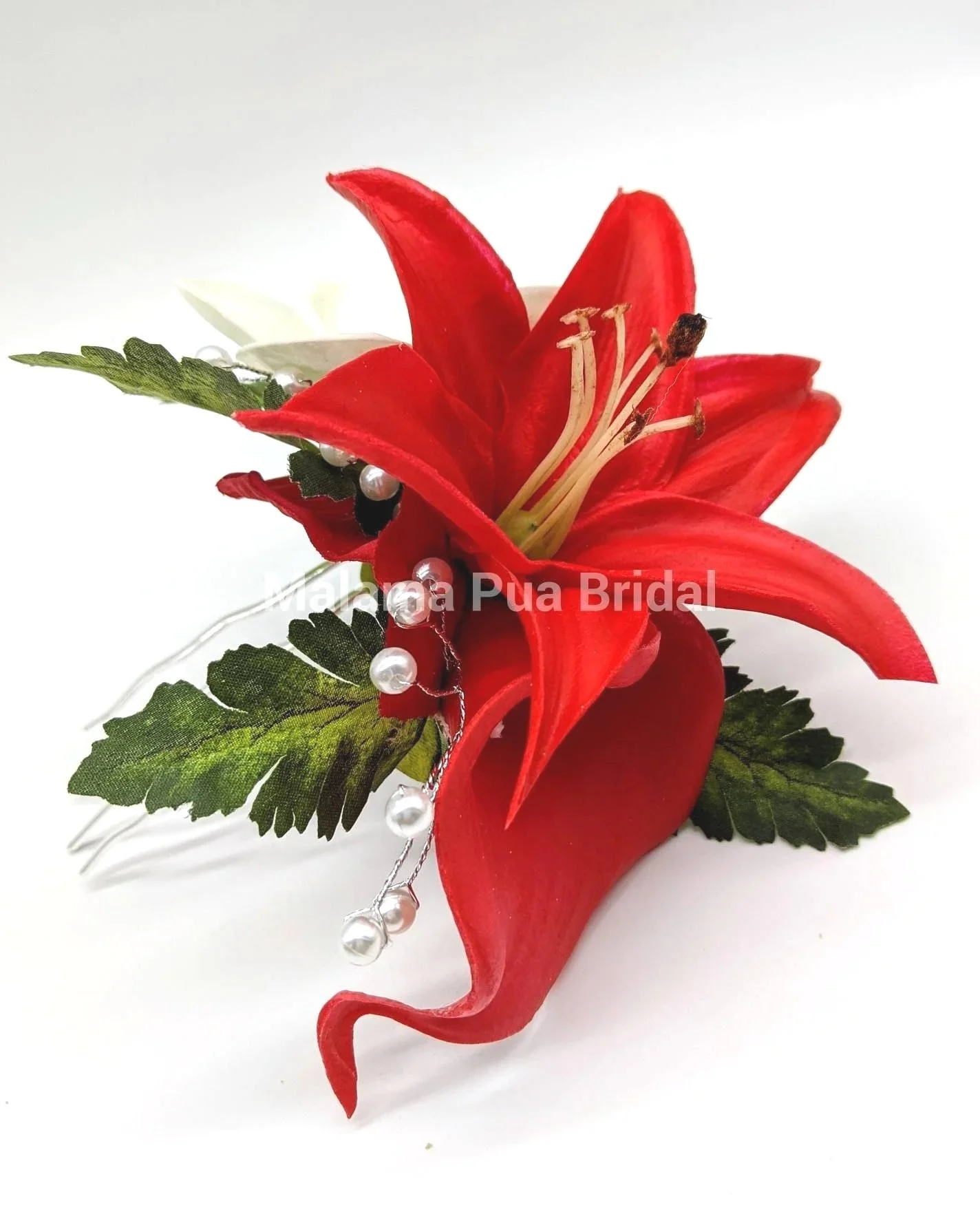 silk red calla lily and plumeria wedding headpiece