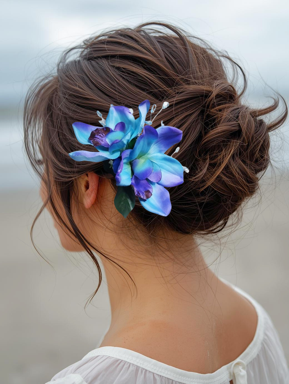 Large Blue Floral Hair Accessory Blue Bridal Hair Comb & Earrings | Rhinestone Pearl Flower  main image 3