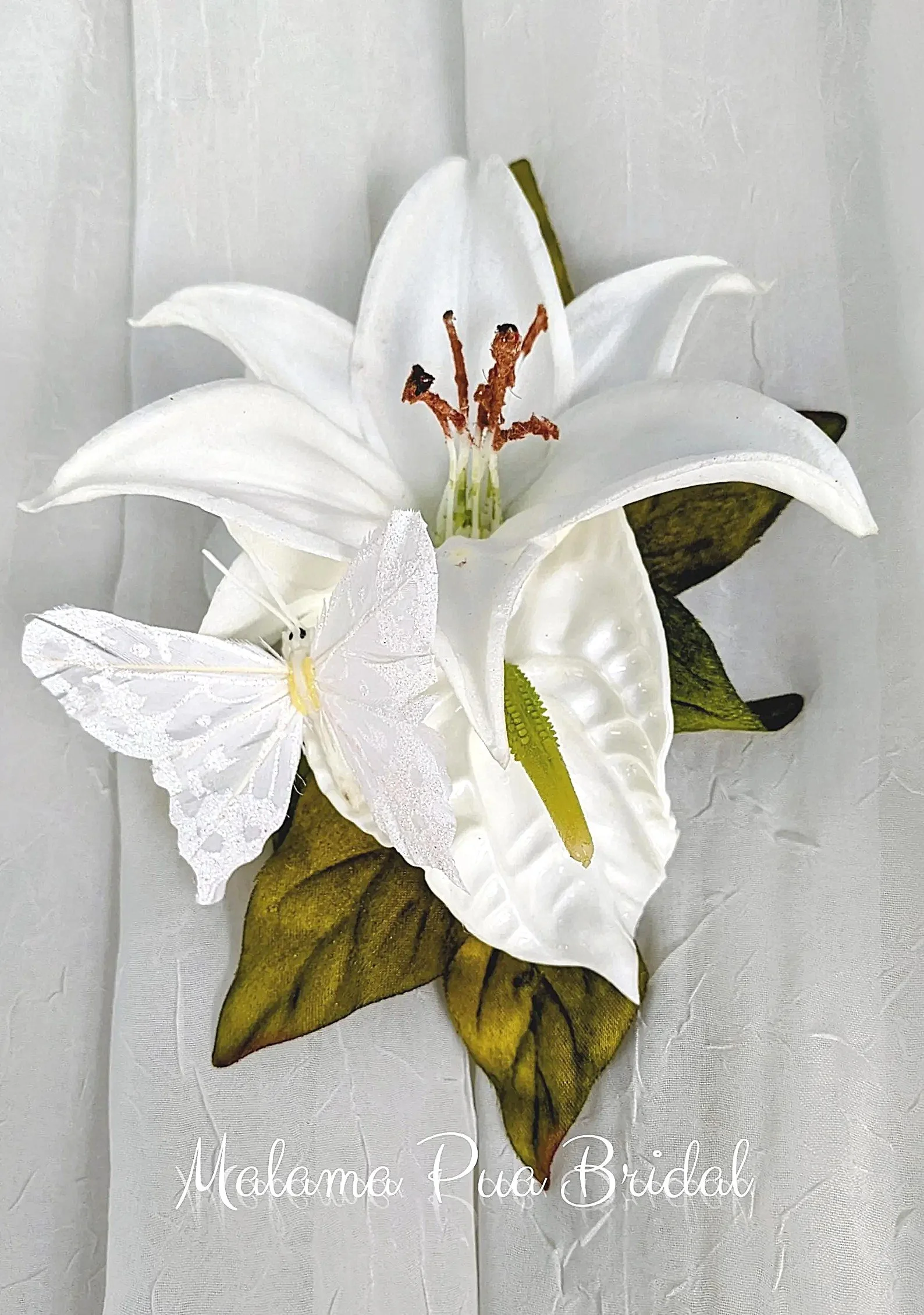 wedding tropical headpiece with white butterfly, lily and anthurium