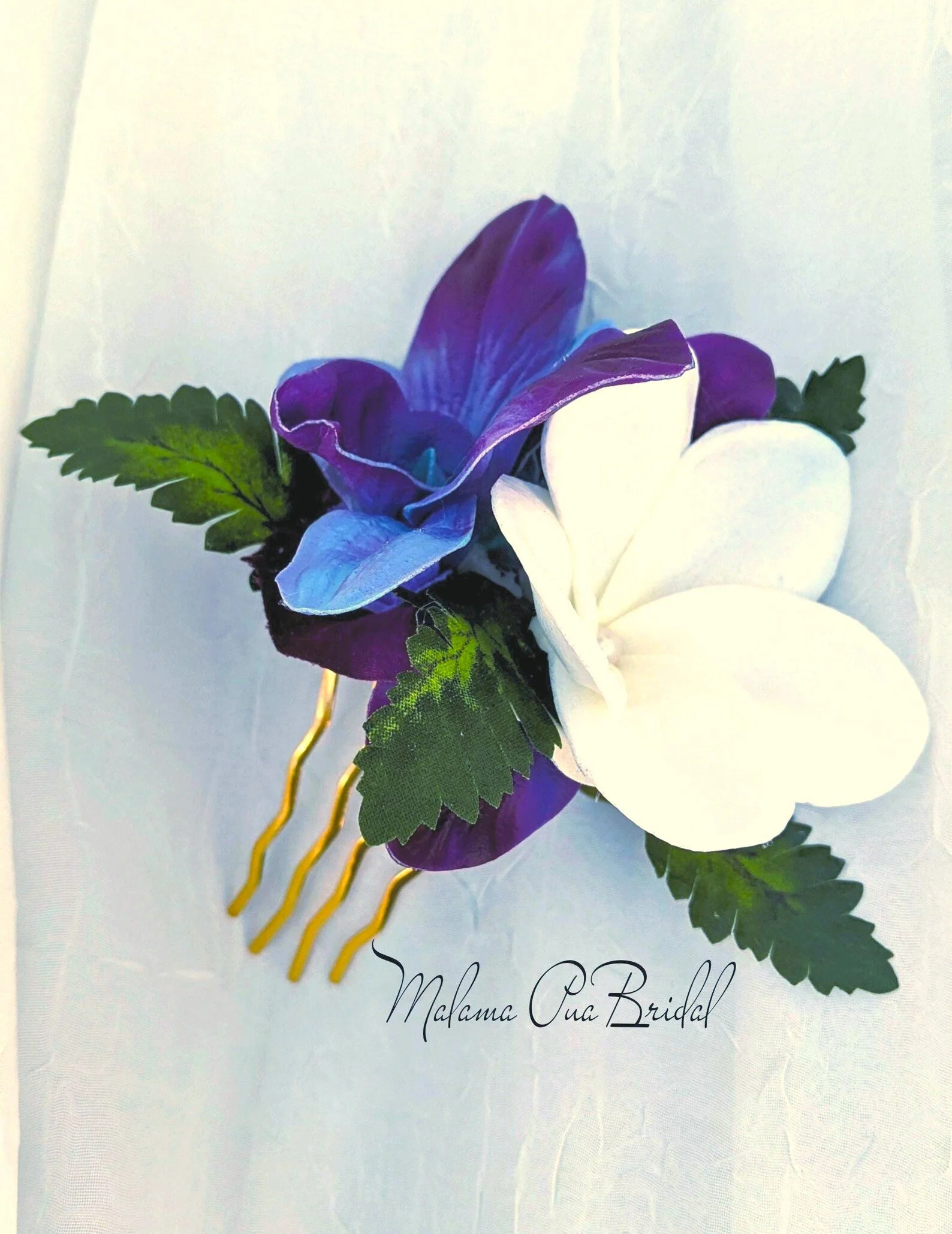 silk blue galaxy and plumeria hair comb with pearls