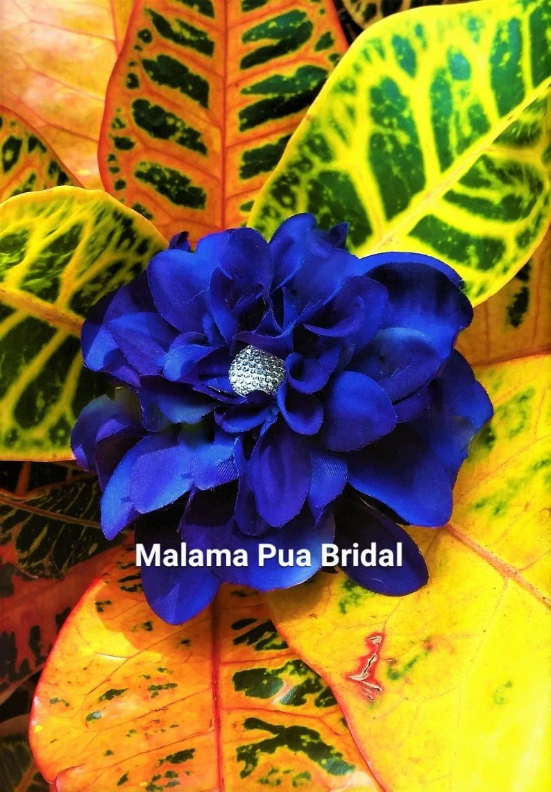 Royal Blue Silk Dahlia flower clip with crystal center