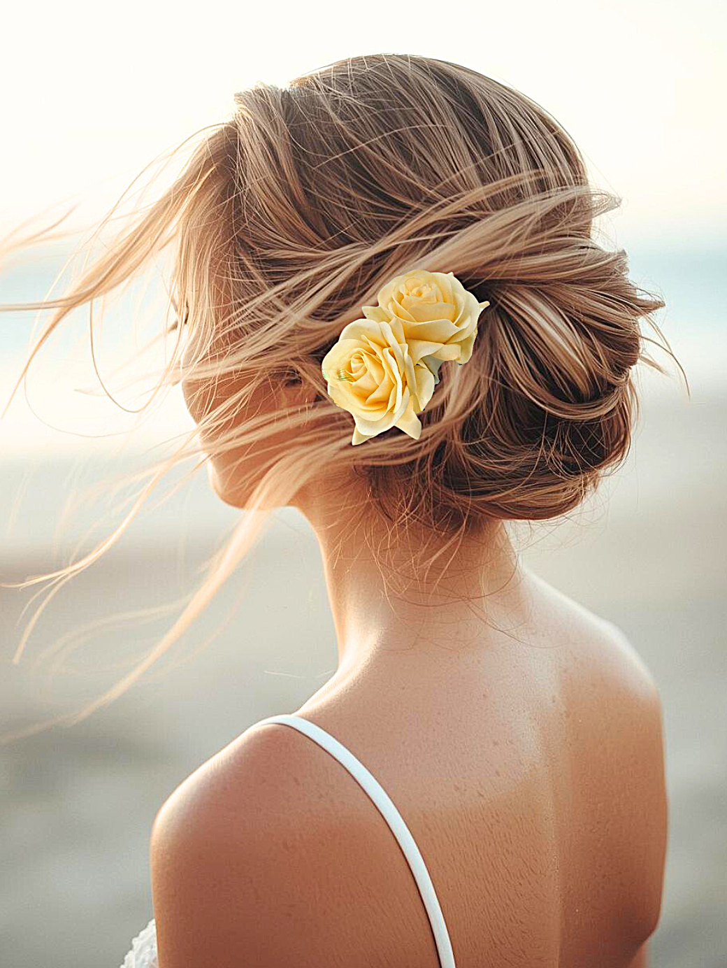 Bride wearing a Yellow silk rose bridal headpiece