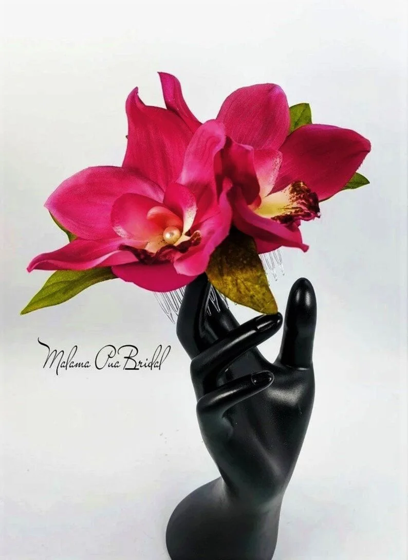 fuchsia pink double orchids hair comb