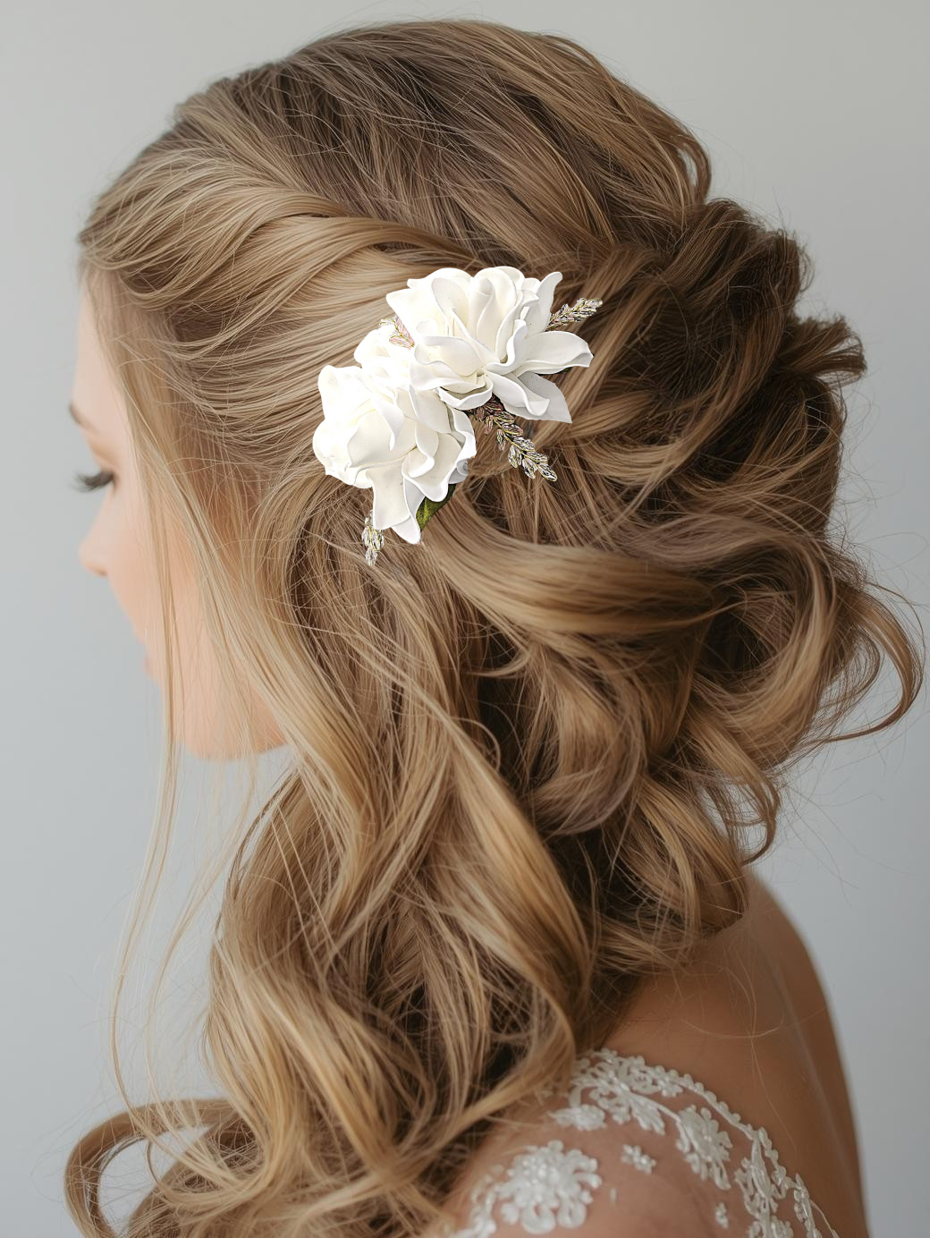 Bride with foam gardenia in her hair