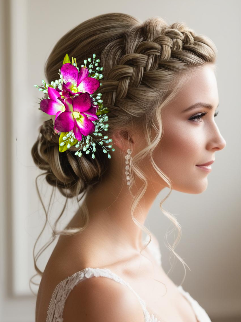 bride wearing tropical silk dendrobium orchid hair clip with pearls