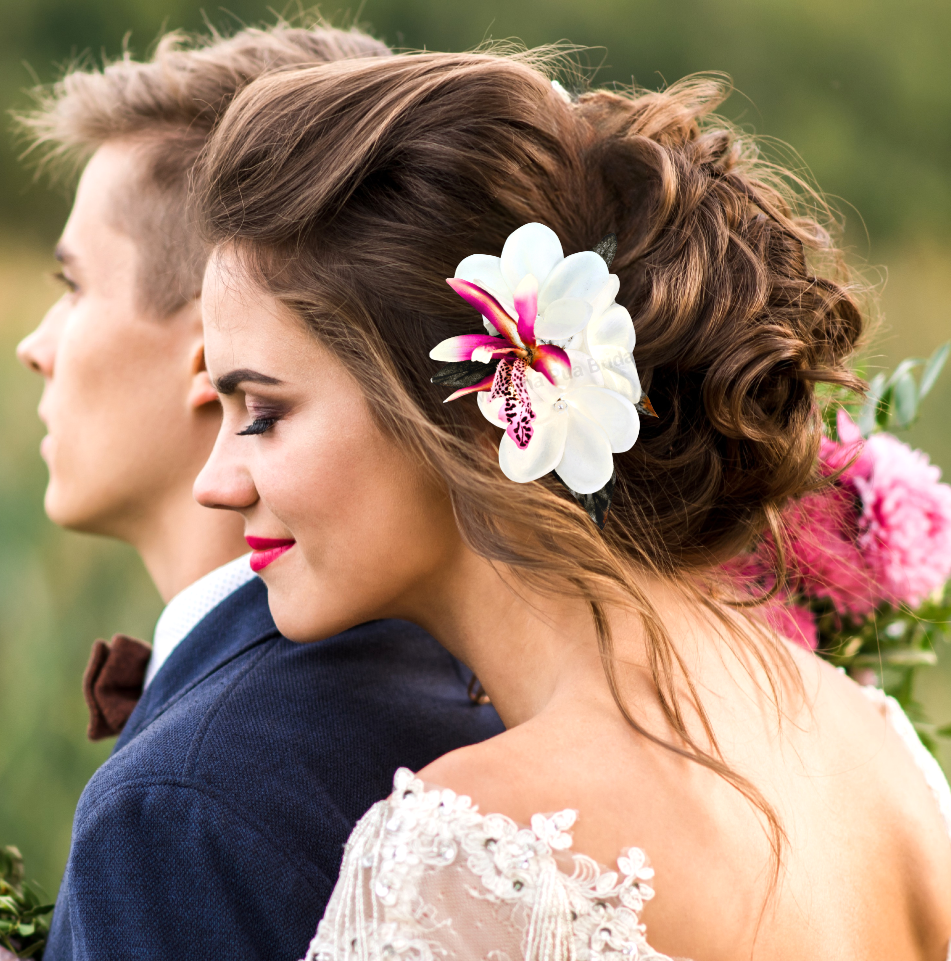bride wearing white plumeria petite pink orchid hair flower accessory