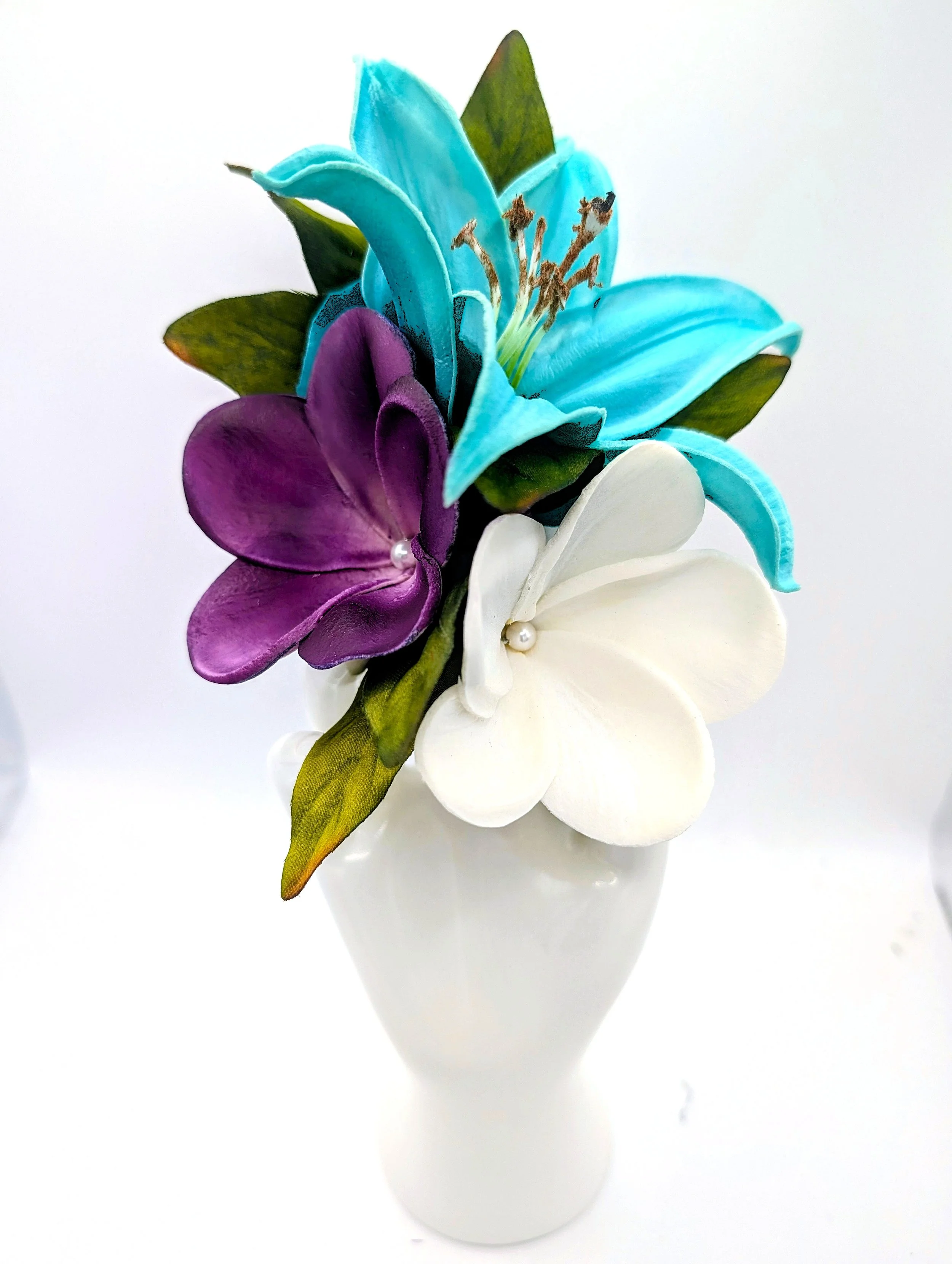 wedding headpiece with silk turquoise lily white purple plumeria