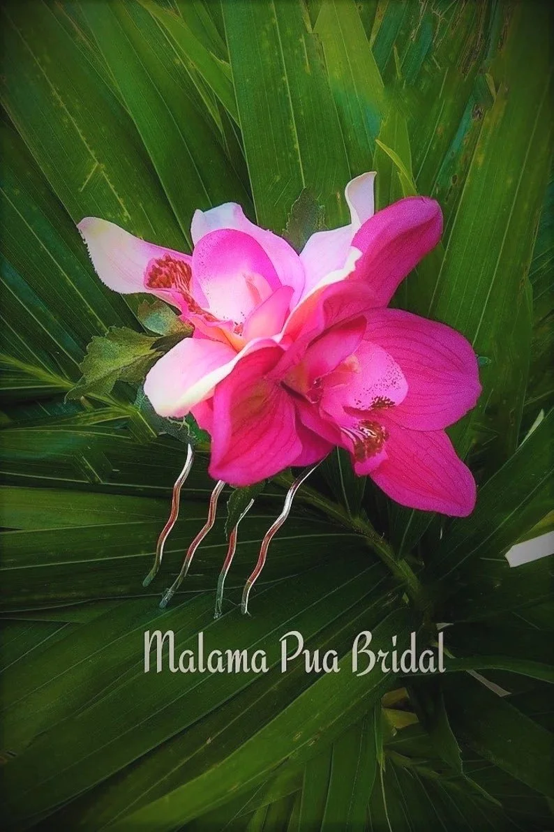dark and light pink Hawaiian silk orchid wedding hair clip