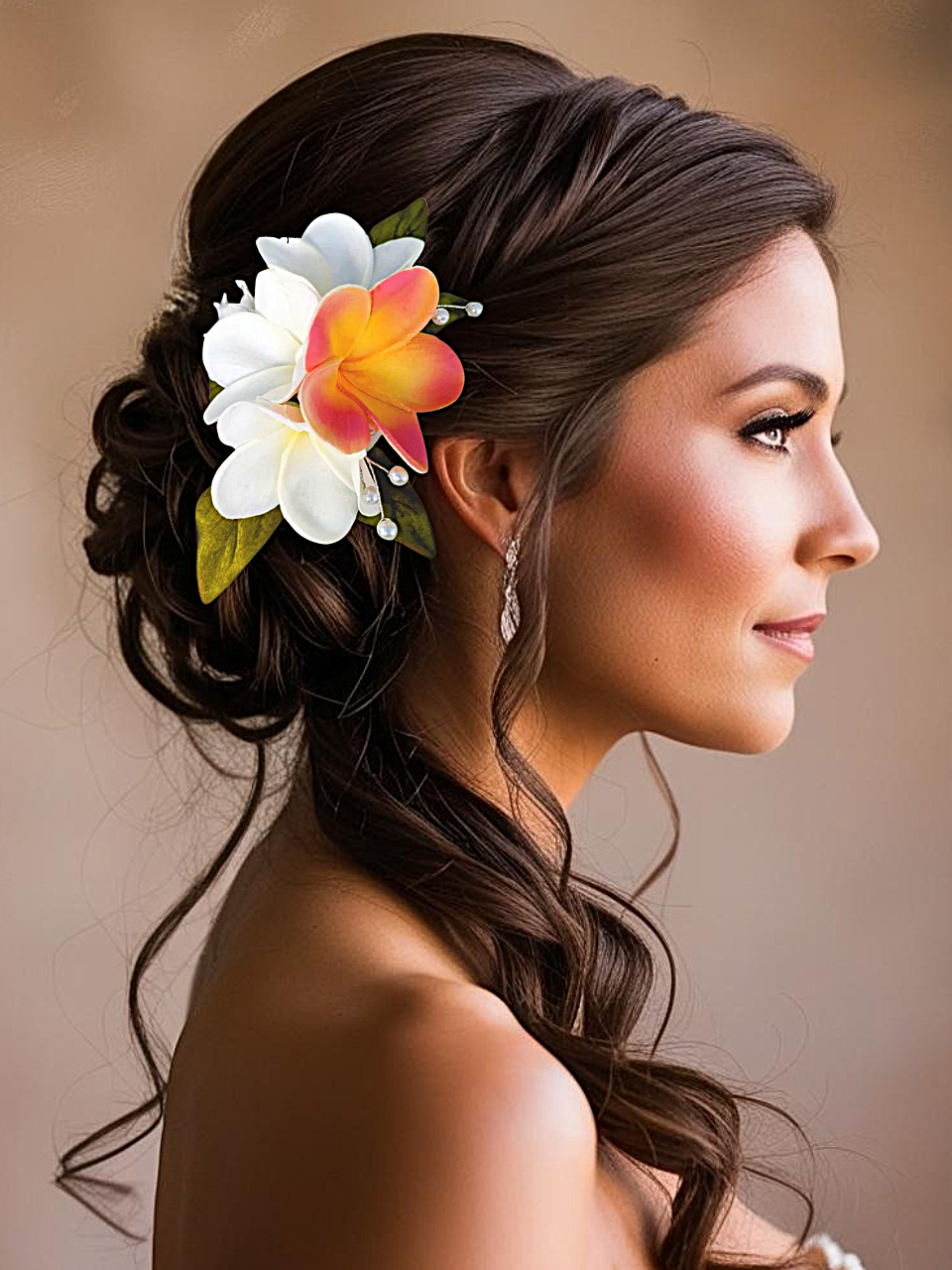 Bride wearing tropical white and sunset real touch plumeria hair accessory with pearls