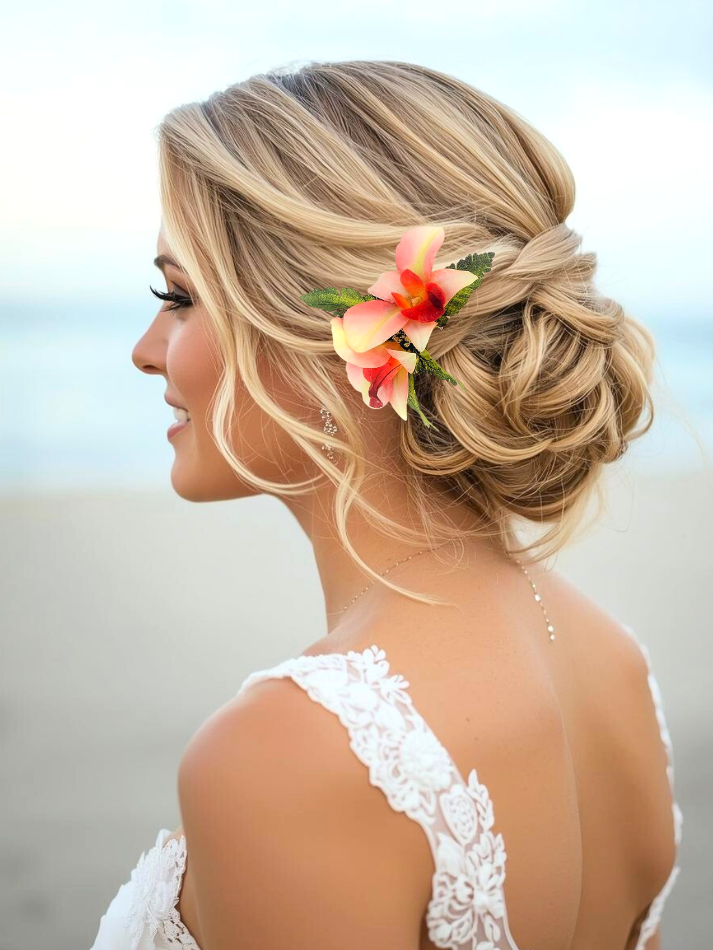 bride wearing double peach orchid tropical wedding headpiece