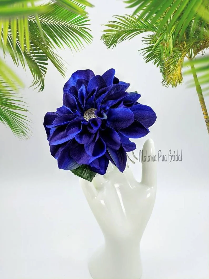 Handmade Royal Blue Silk Dahlia flower clip