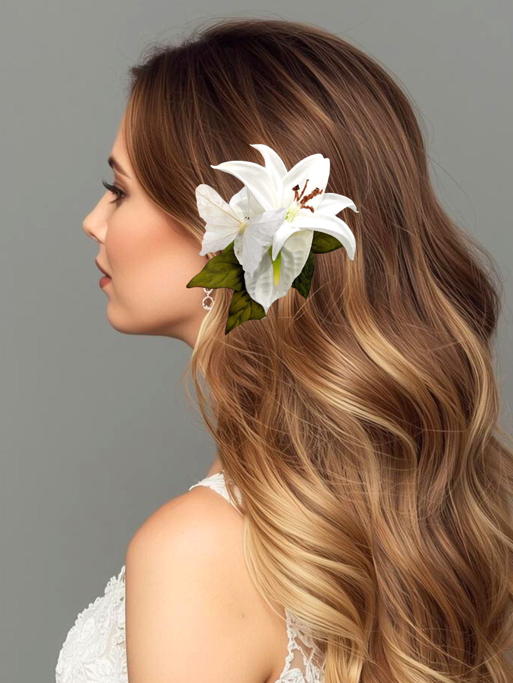 bride wearing wedding headpiece with white butterfly, lily and anthurium