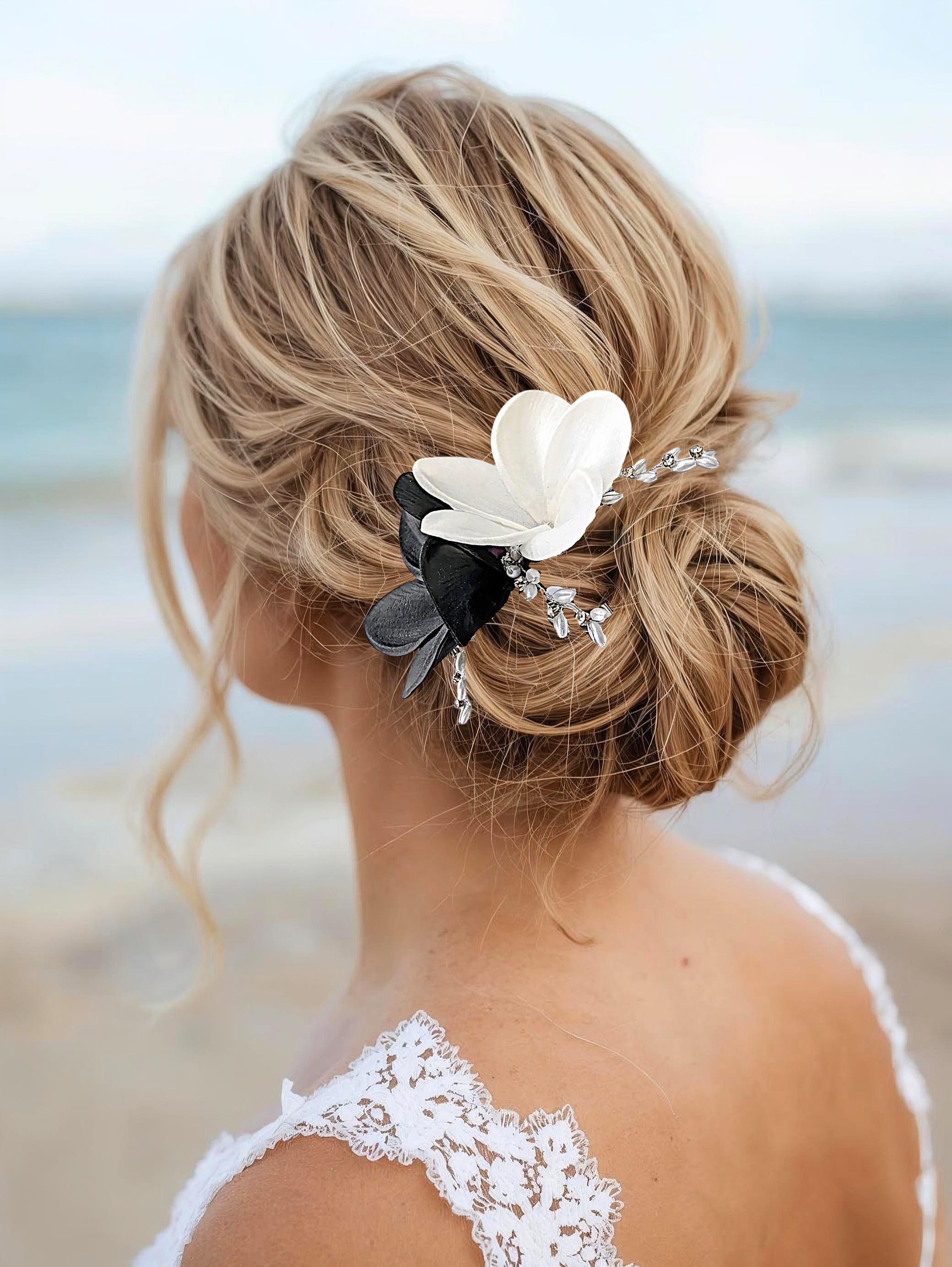 Bride wearing White and Black plumeria hair clip with pearls