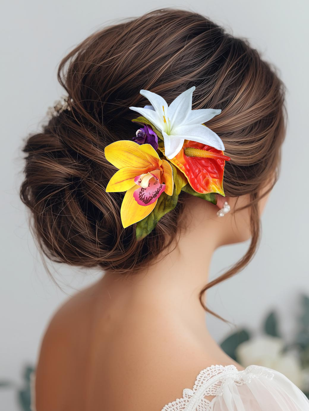 Tropical Wedding Headpiece with Sunset Anthruium and Orchids