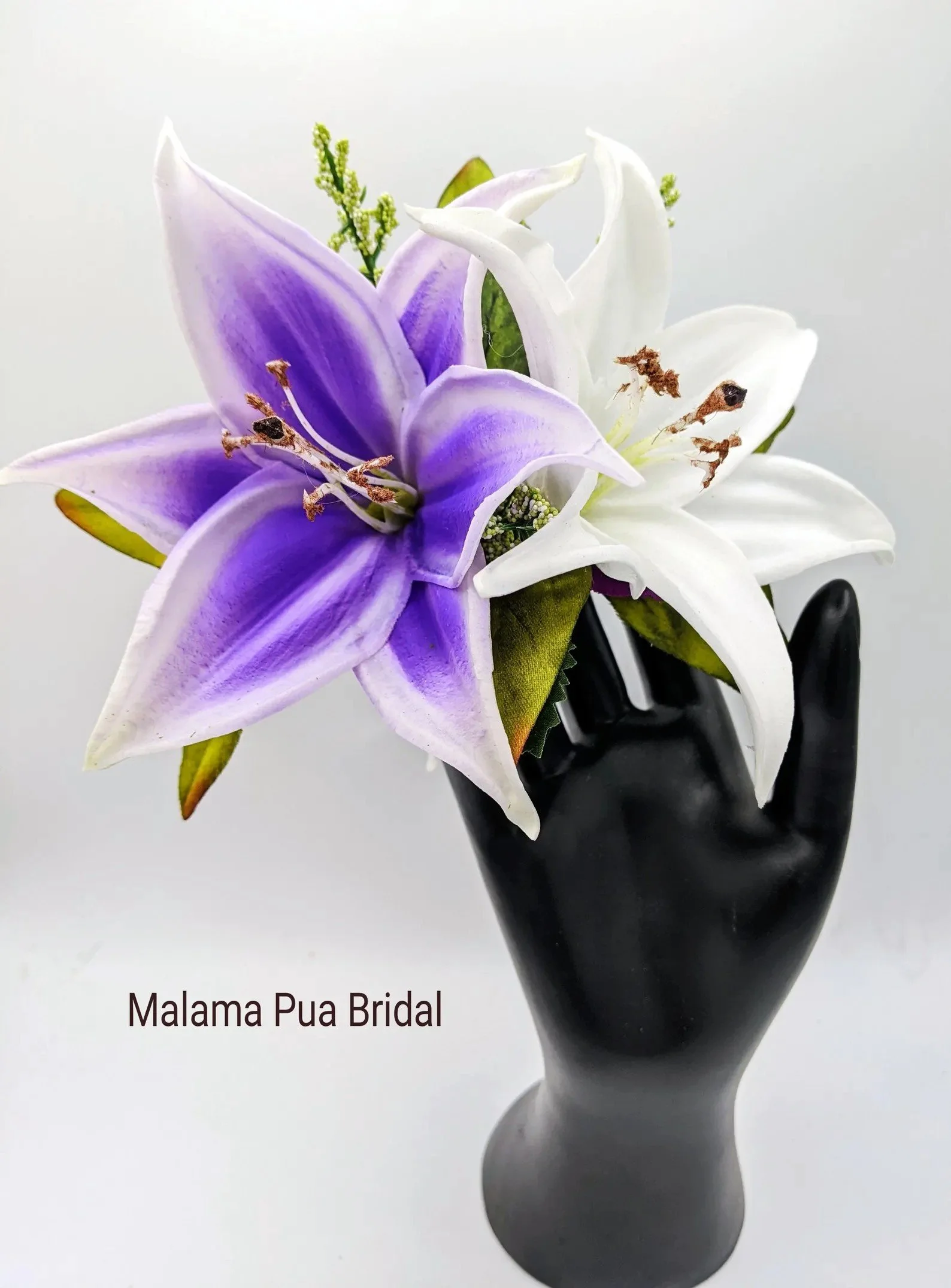 Silk purple lavender and white lily tropical wedding headpiece on silver hair comb