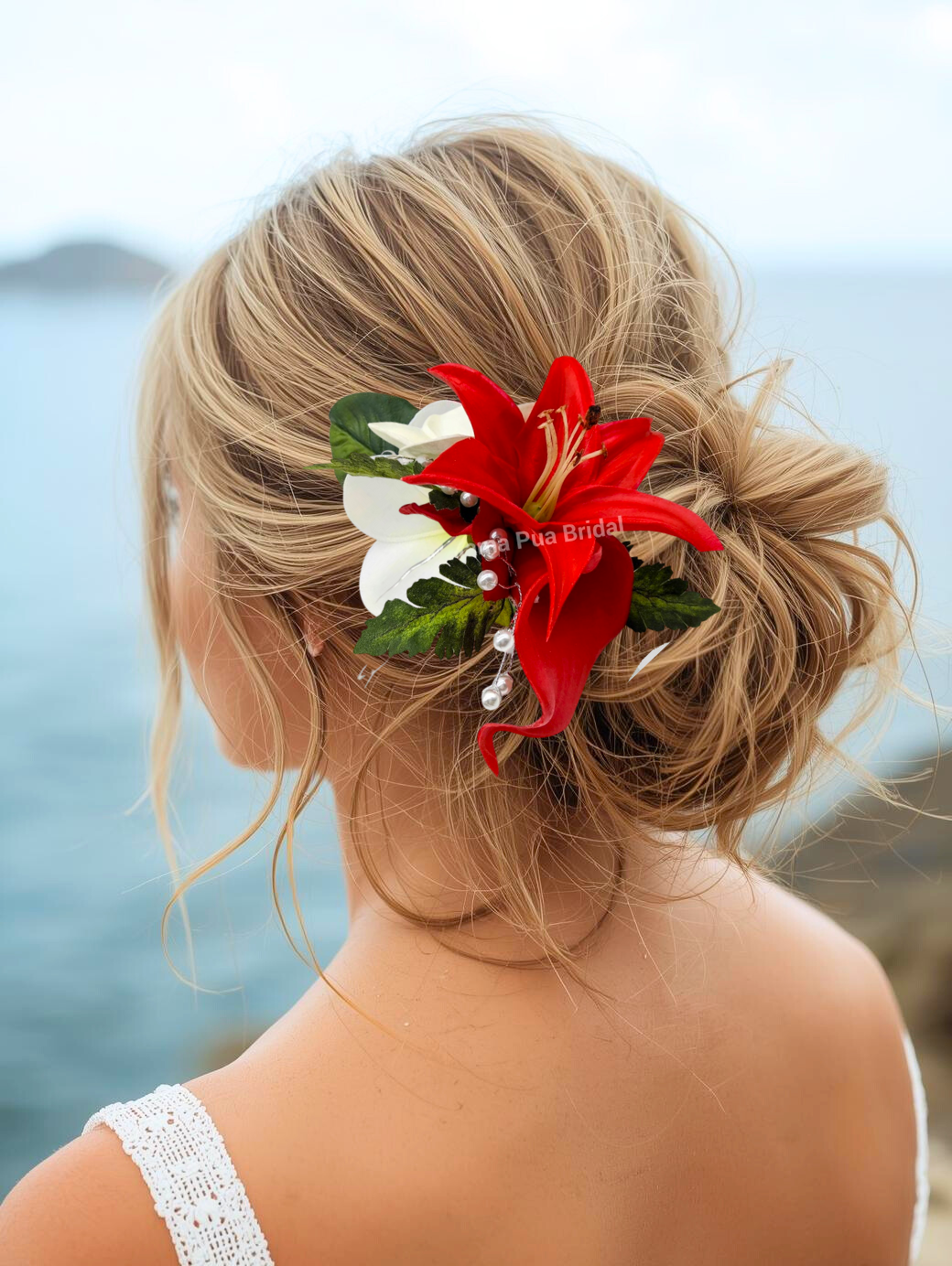 silk red calla lily and plumeria wedding headpiece