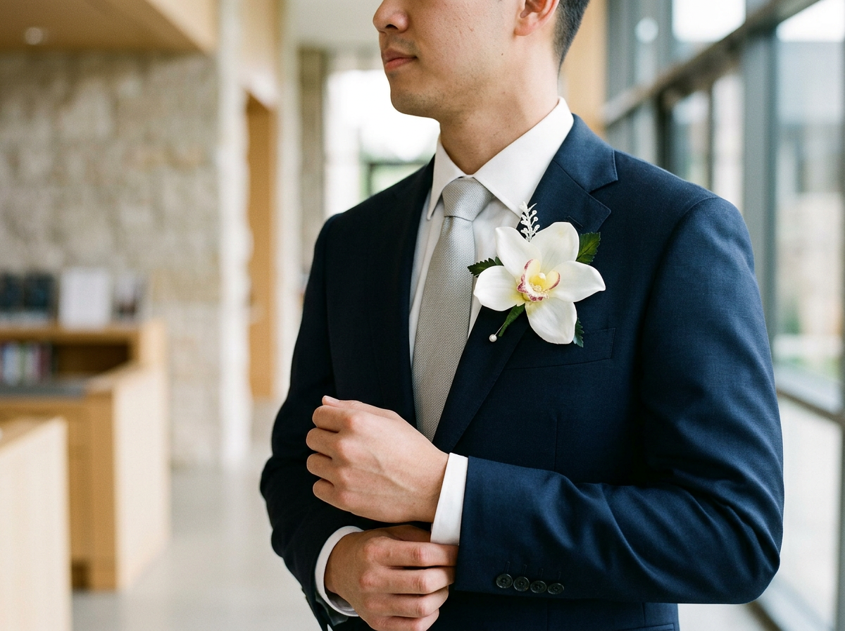 Silk Orchid Boutonniere with Crystal or Pearl