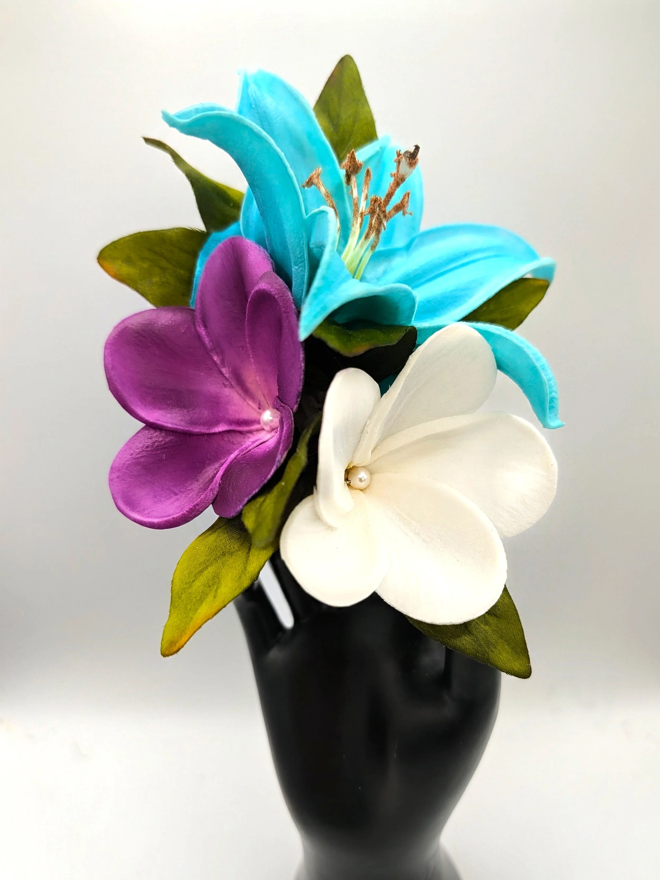 turquoise lily purple plumeria silk artificial hair flower headpiece by Malama Pua Bridal