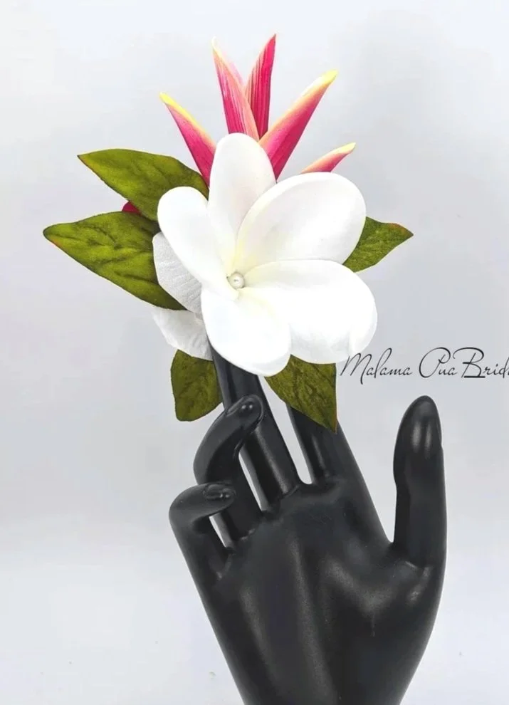 wedding headpiece with plumeria and heliconia artificial silk flowers