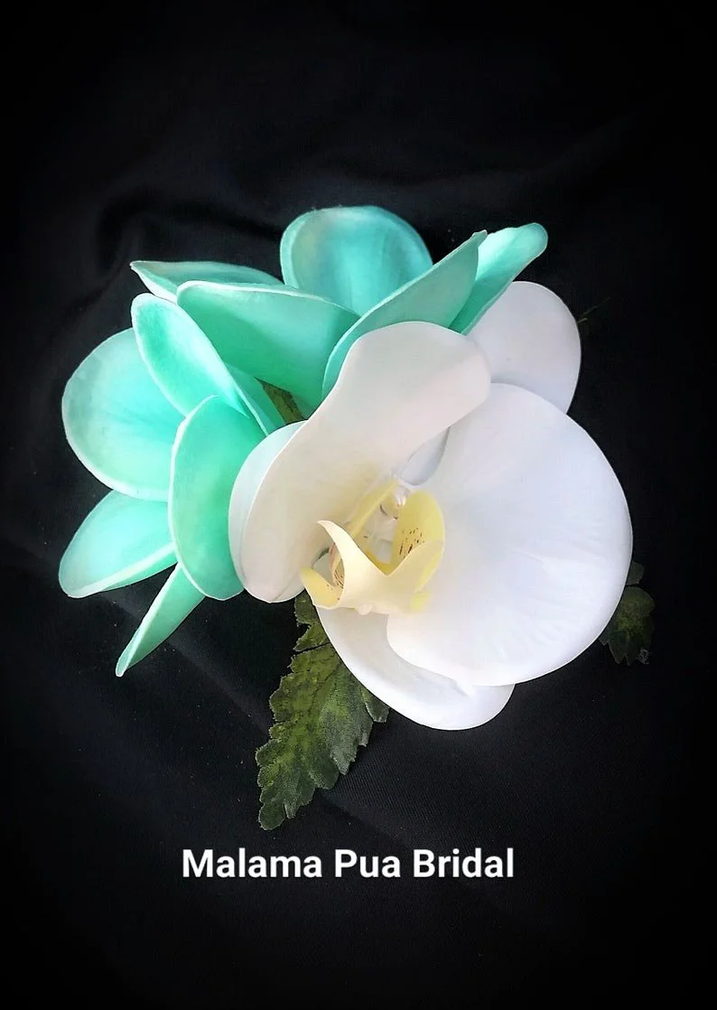 turquoise and white hair clip with silk plumeria and orchid