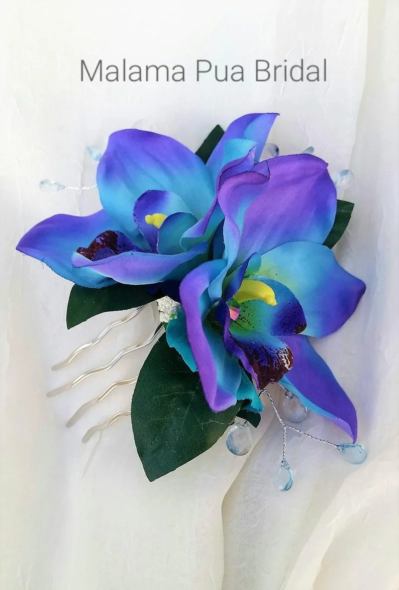 blue orchid bridal hair accessory with crystal