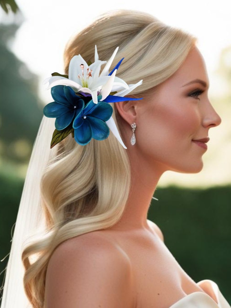 white bird of paradise, lily and plumeria tropical headpiece