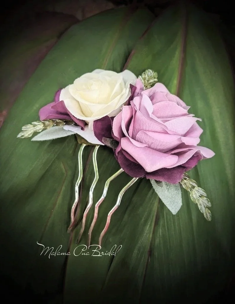 white and lavender rose bridal headpiece