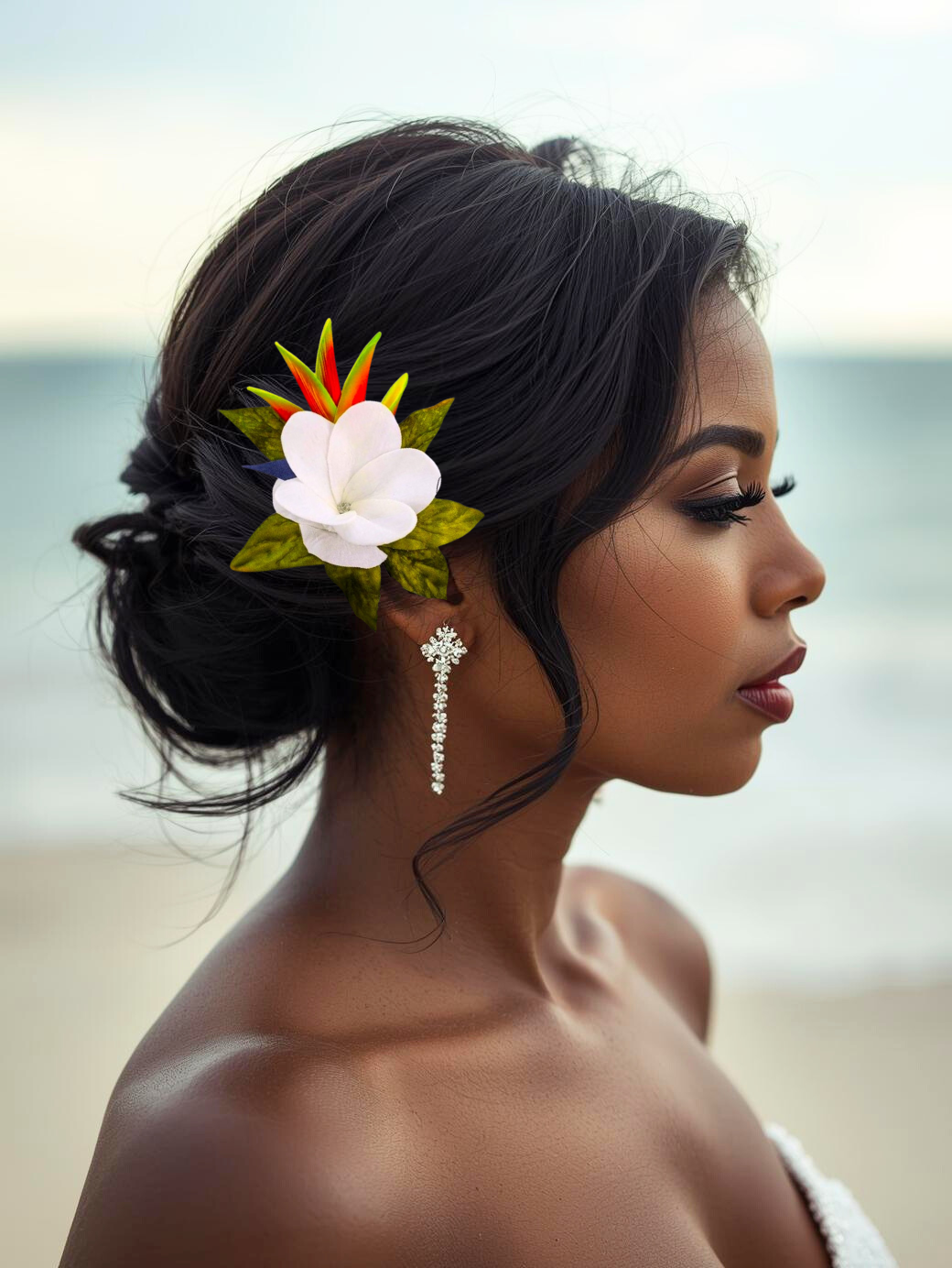 Black bride with tropical orange heliconia hair clip