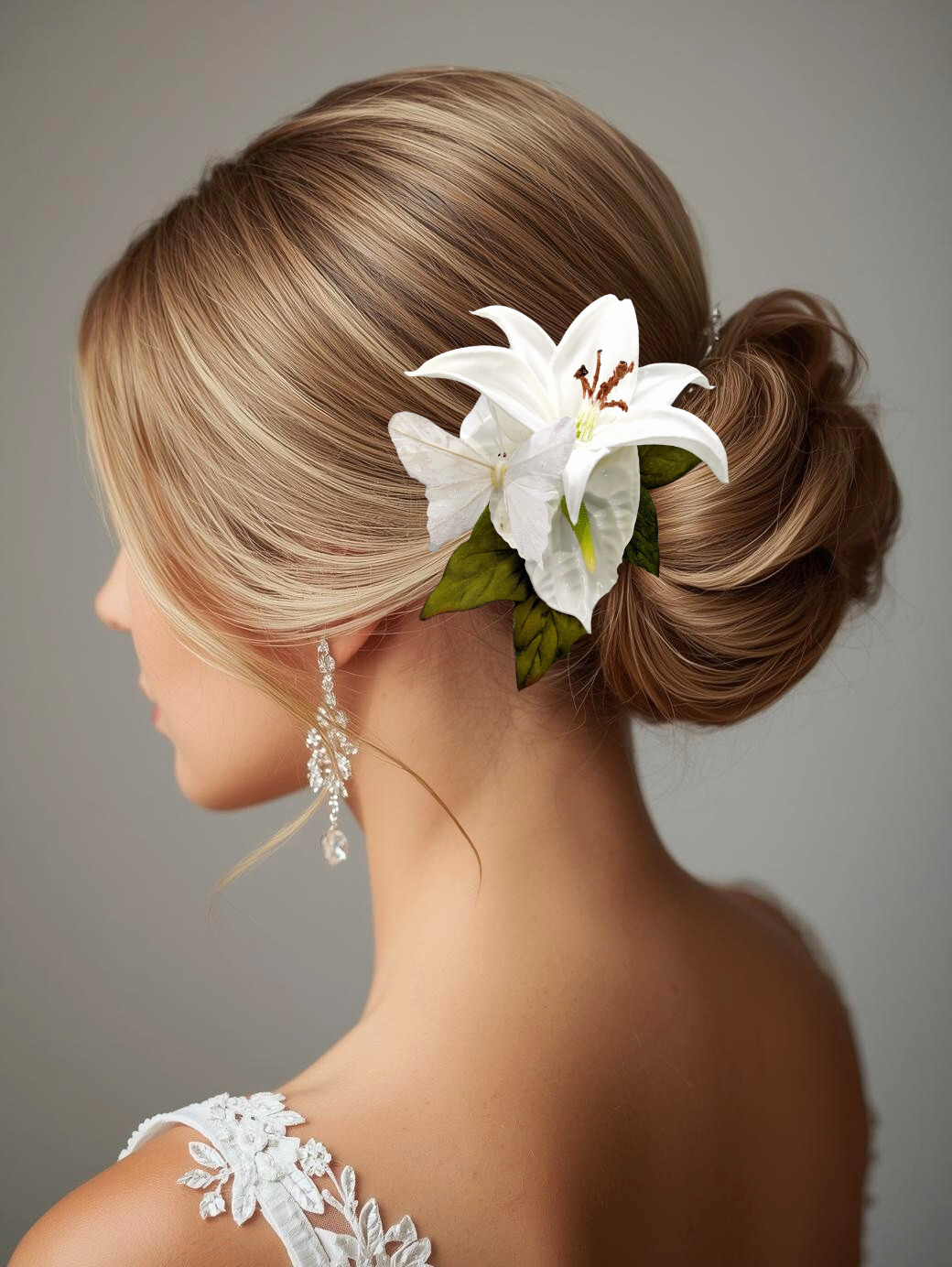 bridal wearing wedding headpiece with white butterfly, lily and anthurium