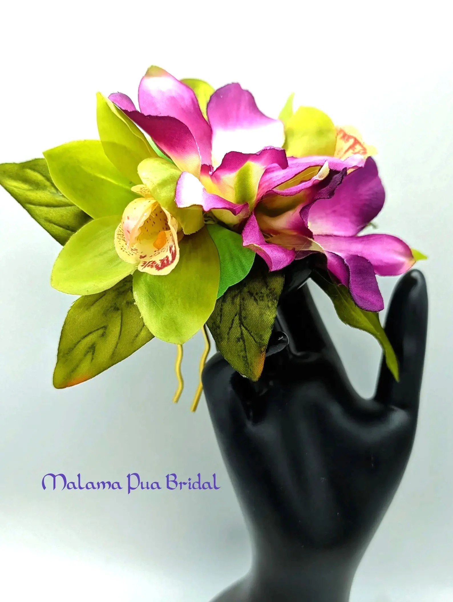 silk green purple orchids hair clip
