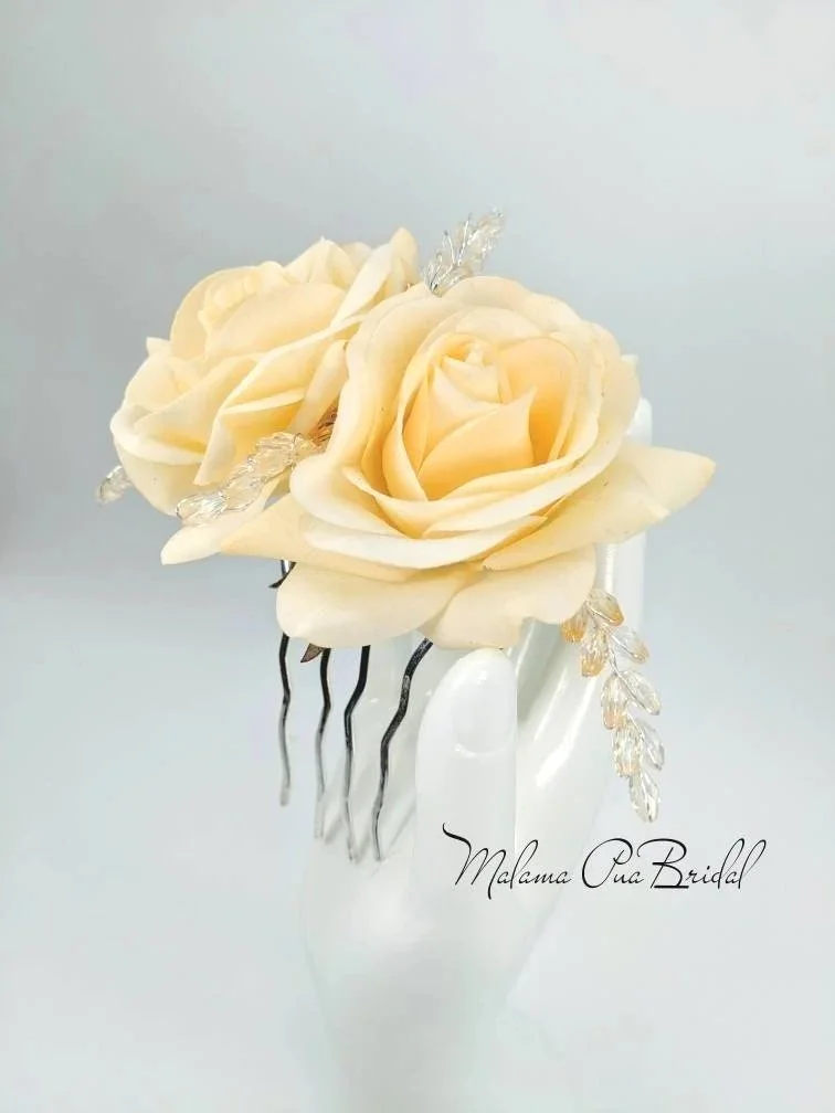 Yellow Real Touch Rose Bridal hair comb