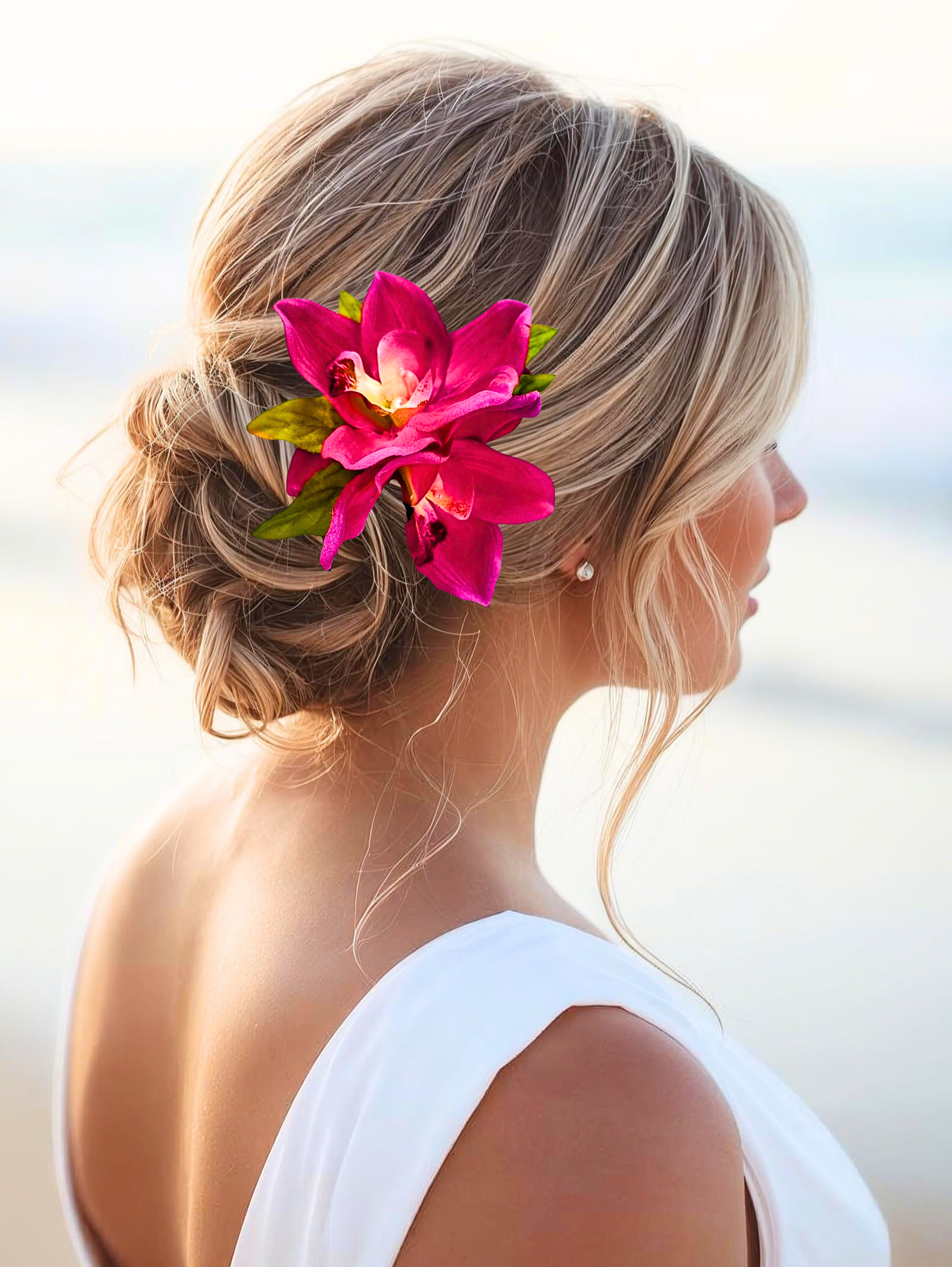 double fuchsia silk orchid flower comb