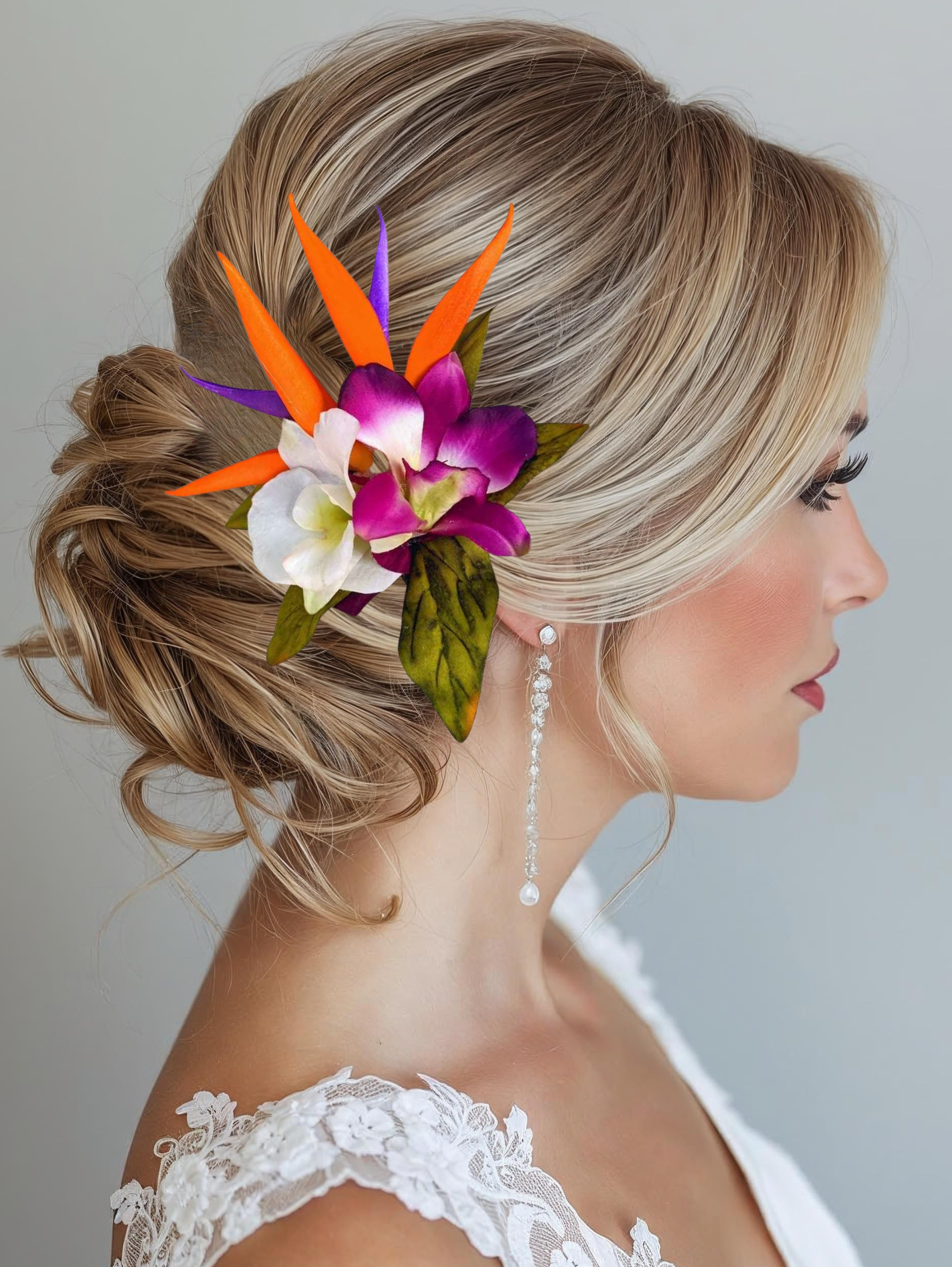 Woman wearing Tropical silk bird of paradise small and orchids