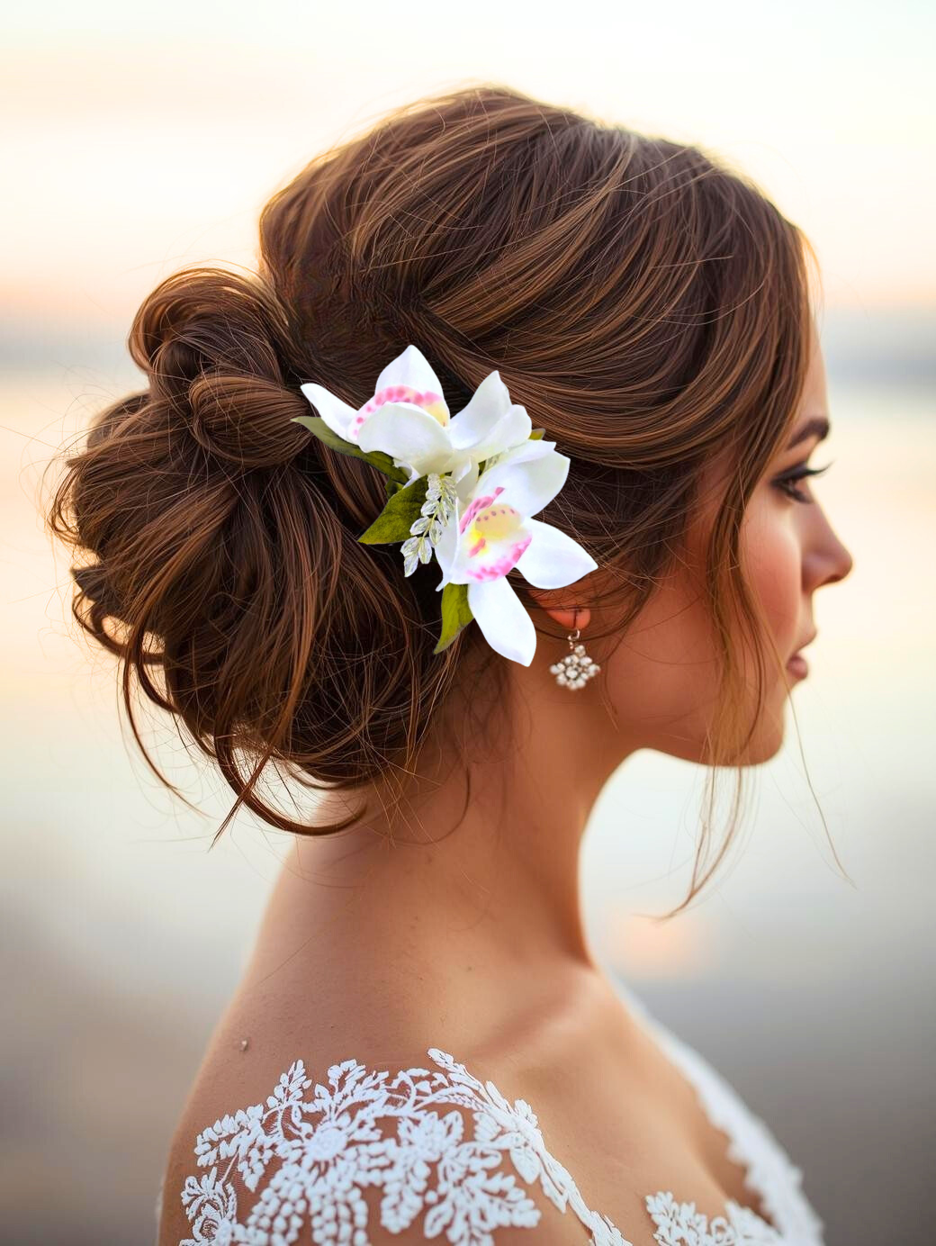 Woman wearing White double orchid tropical headpiece