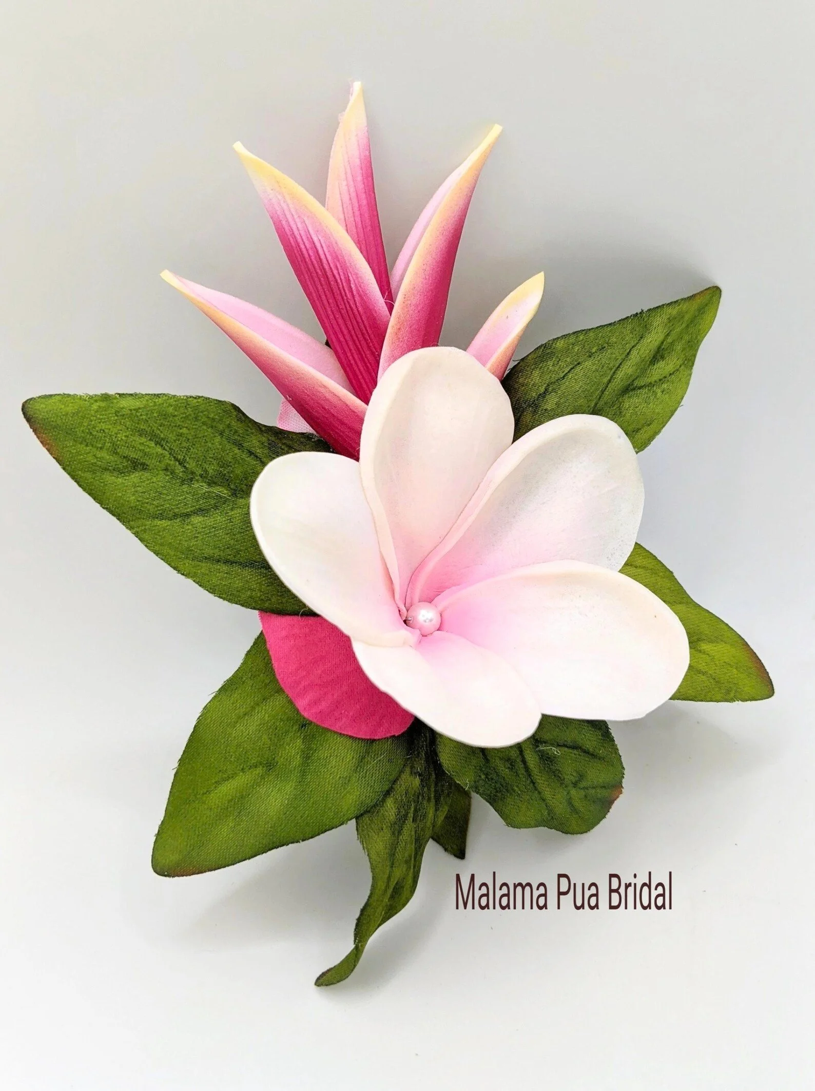 pink heliconia and pink plumeria flower hair clip