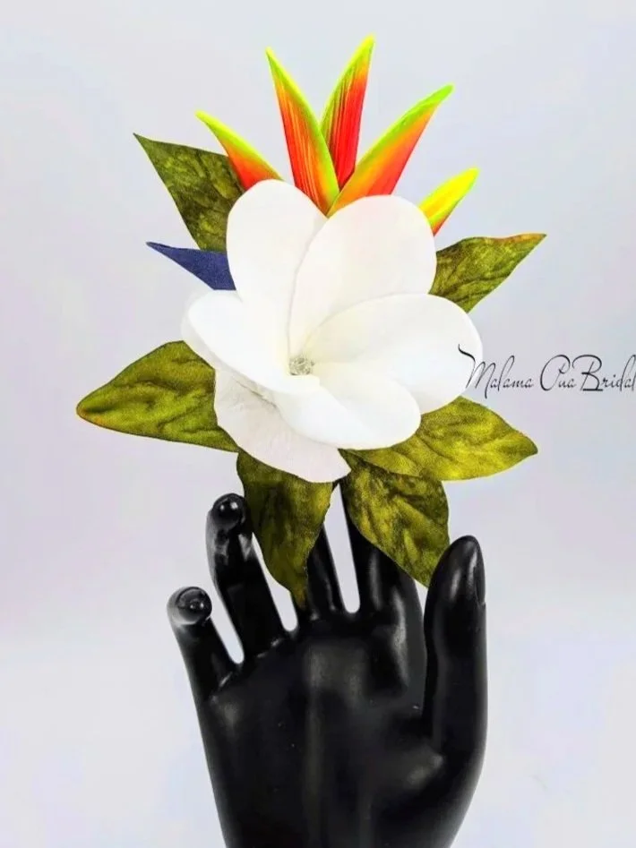 orange heliconia and plumeria bridal hair accessory