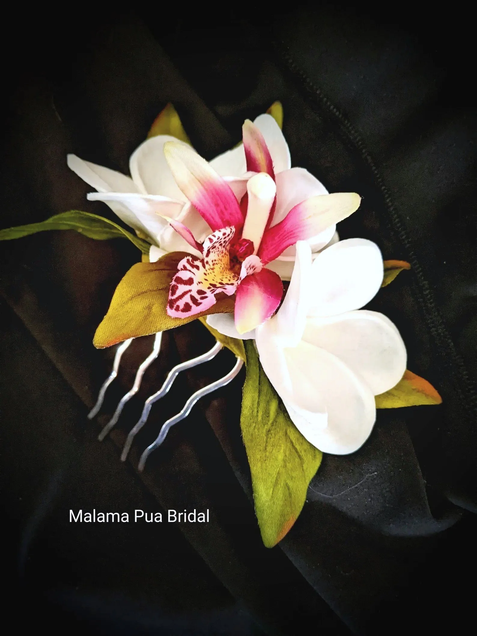 wedding headpiece with tropical silk flowers and real touch white plumeria