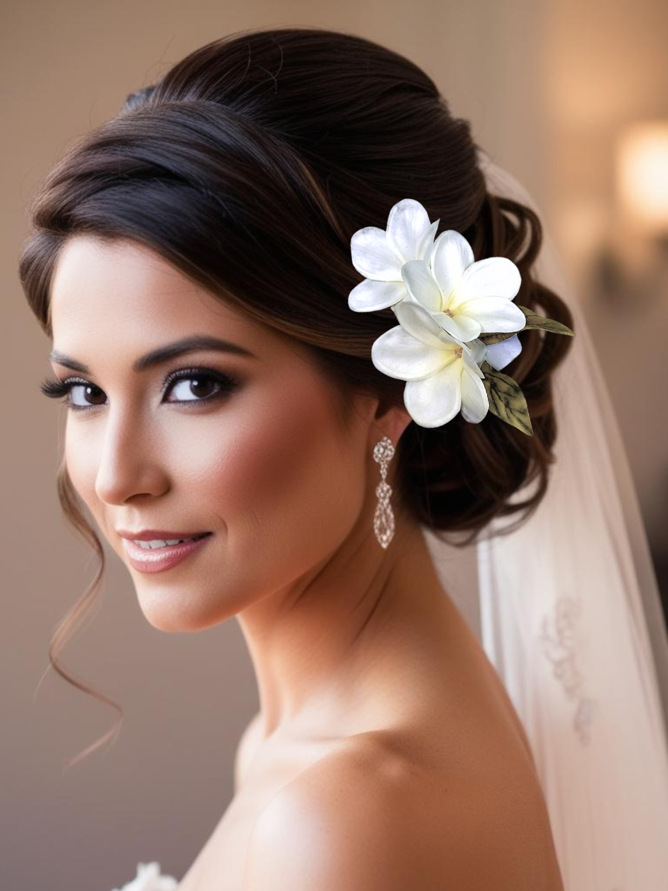 Bride with real touch plumeria wedding headpiece with pearls