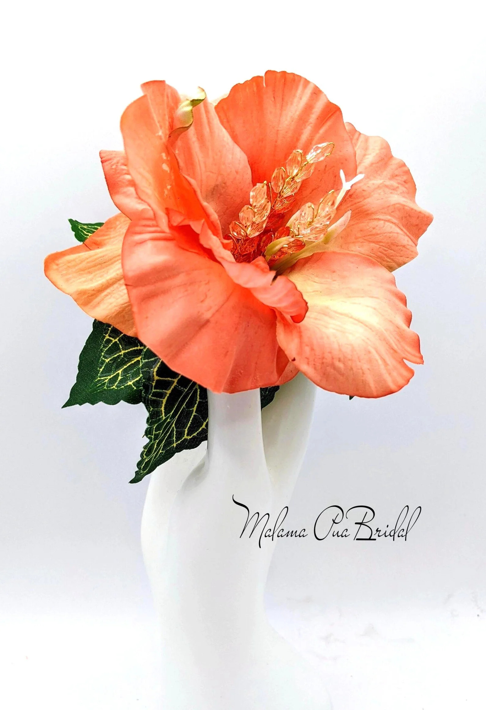 Real Touch Orange Hawaiian Hibiscus Hair Flower Hair Clip with crystal center