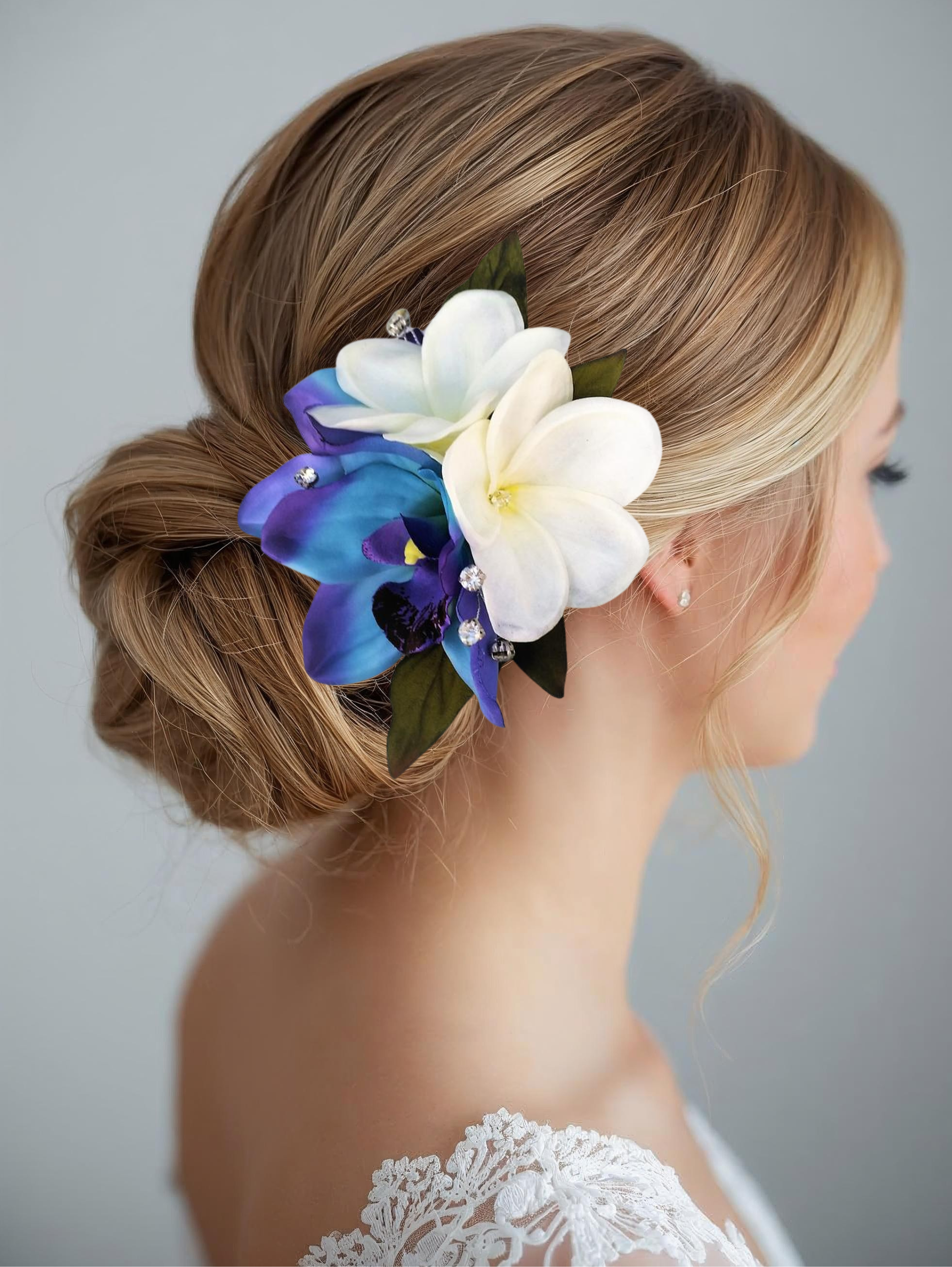 Blue Silk Orchid and White Plumeria Wedding Headpiece