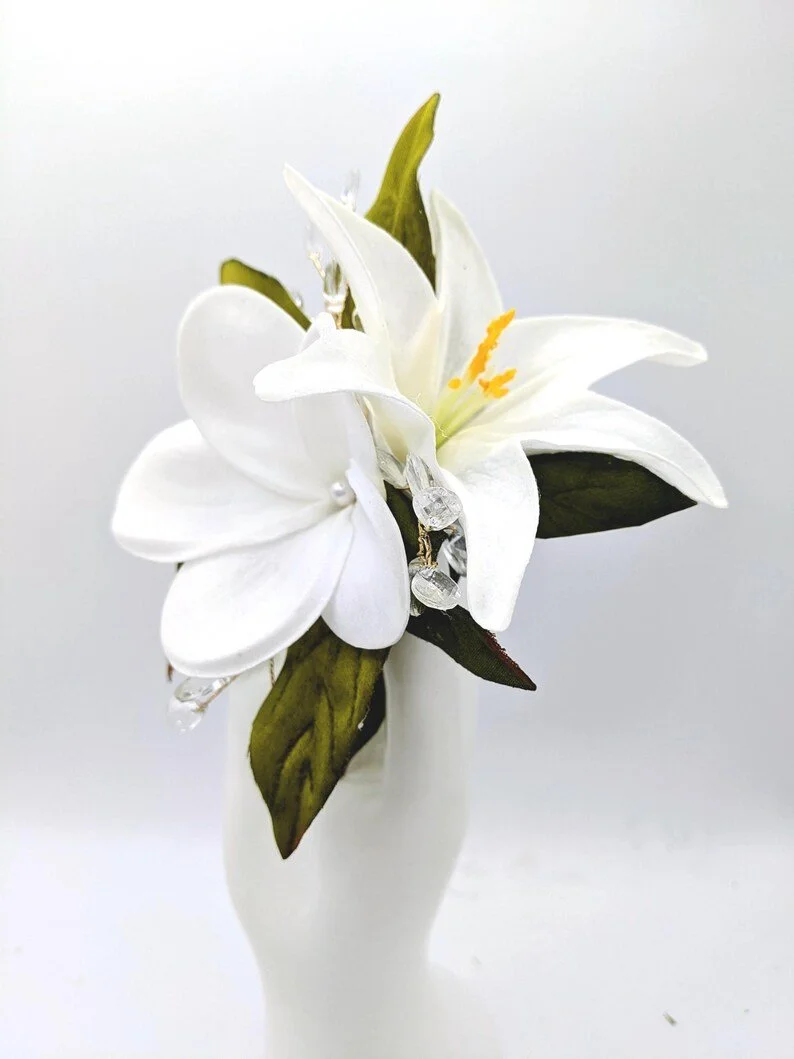 small white lily and plumeria hair clip