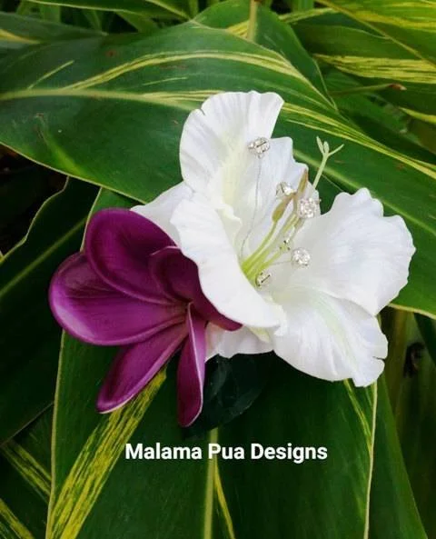 white hibiscus and purple plumeria silk hair flower